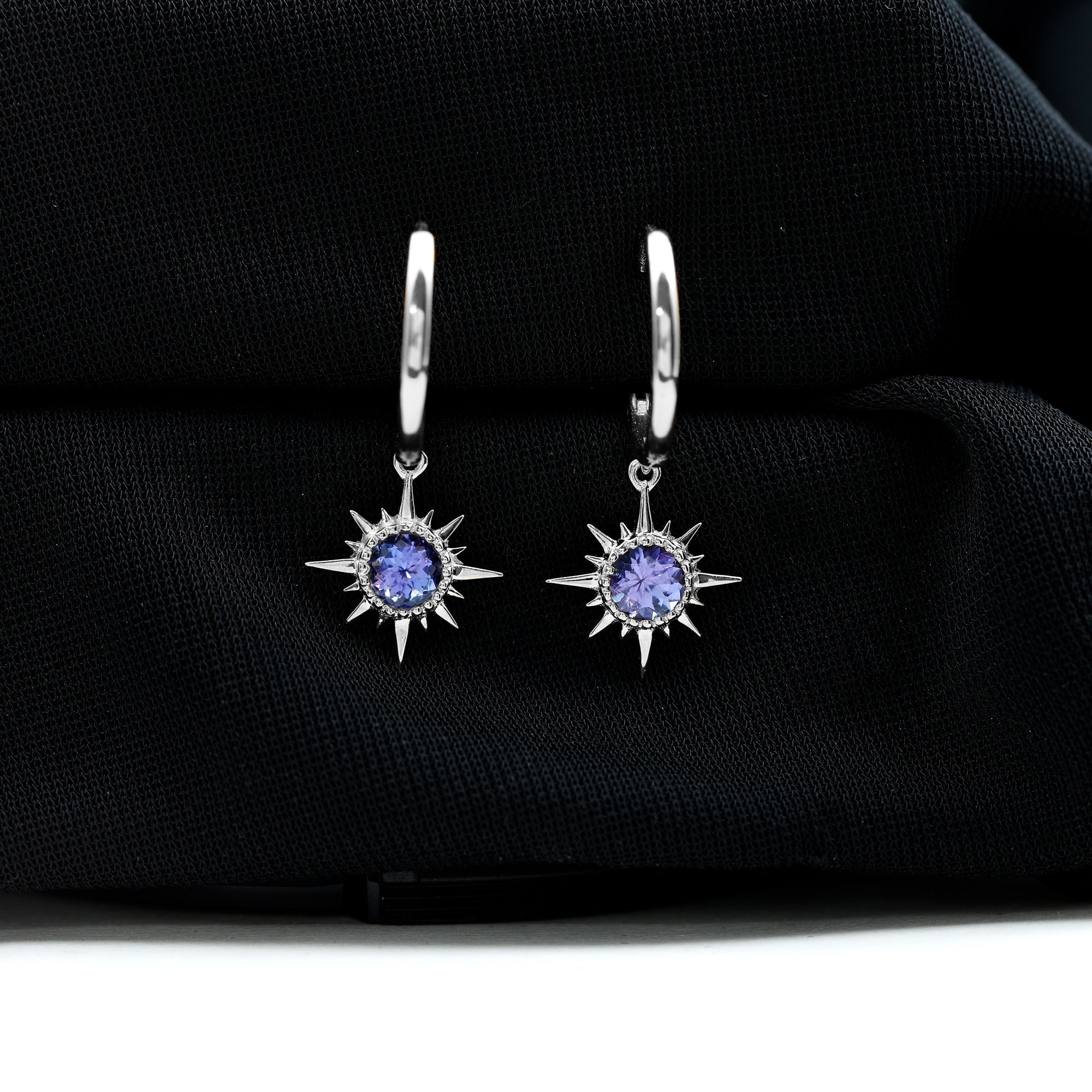 Real Tanzanite Sunburst Hoop Drop Earrings