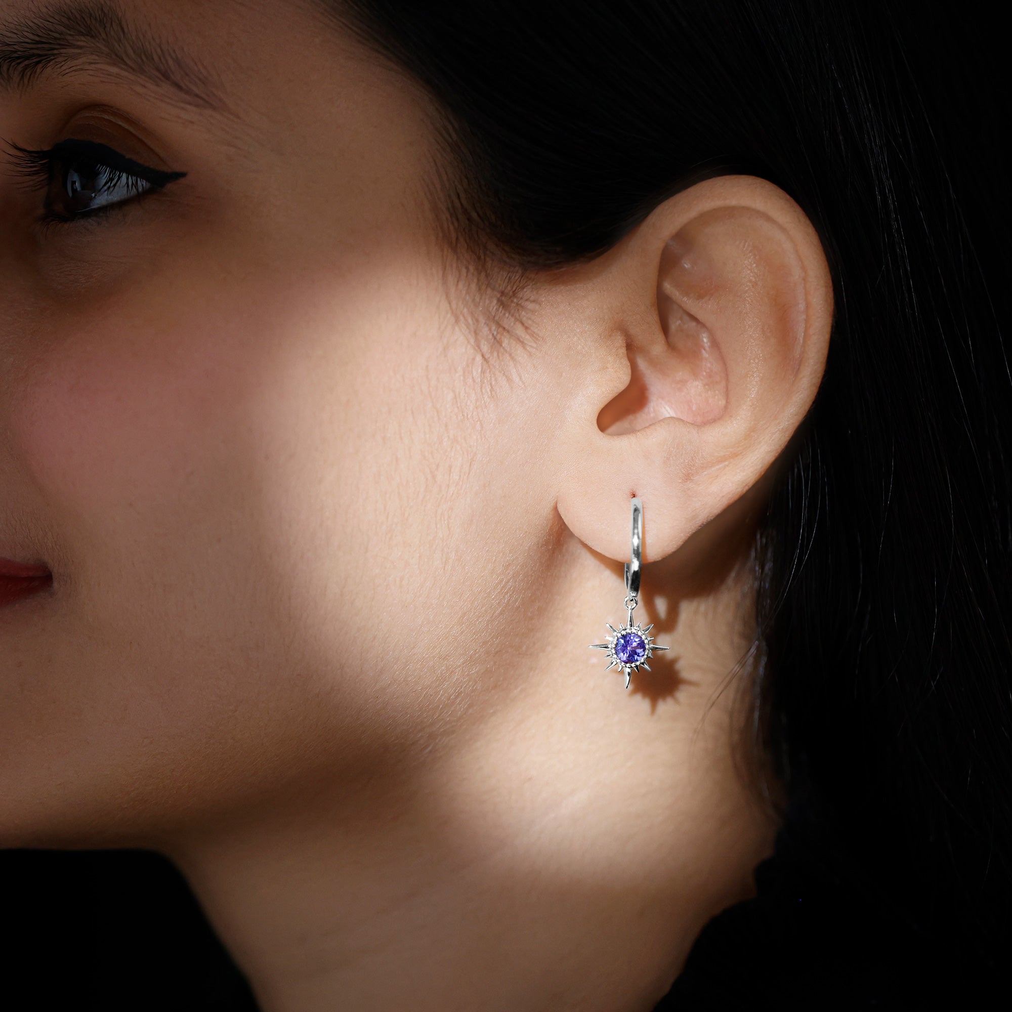 Real Tanzanite Sunburst Hoop Drop Earrings