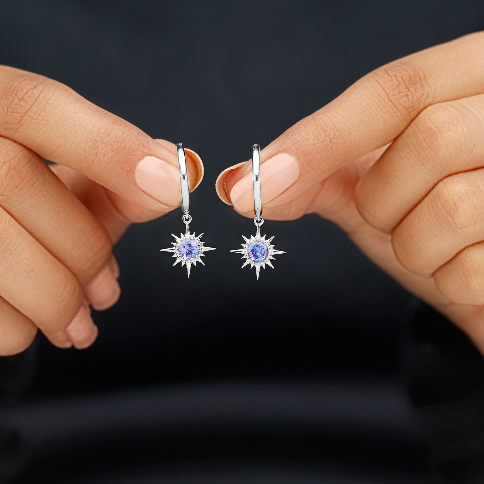 Real Tanzanite Sunburst Hoop Drop Earrings