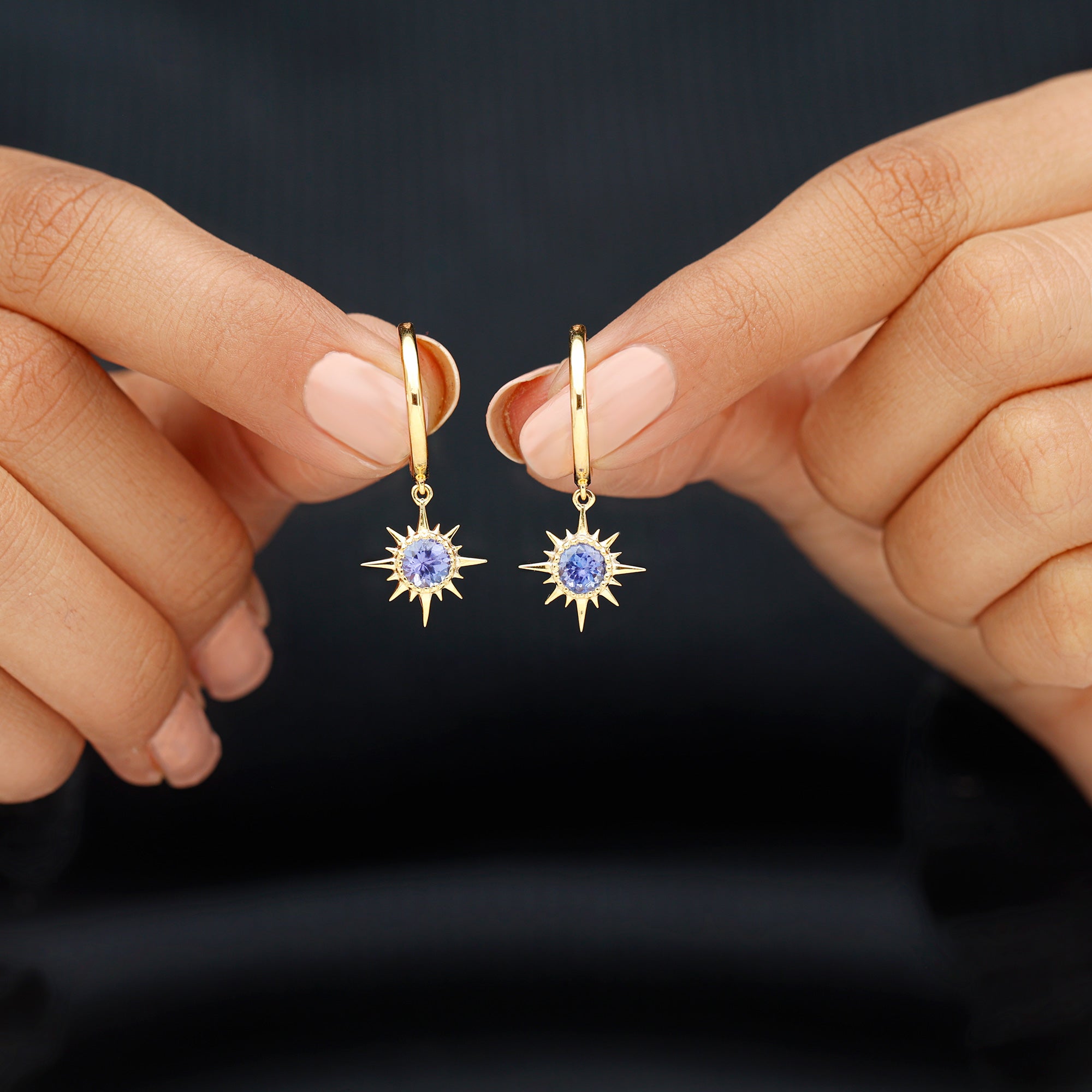 Real Tanzanite Sunburst Hoop Drop Earrings