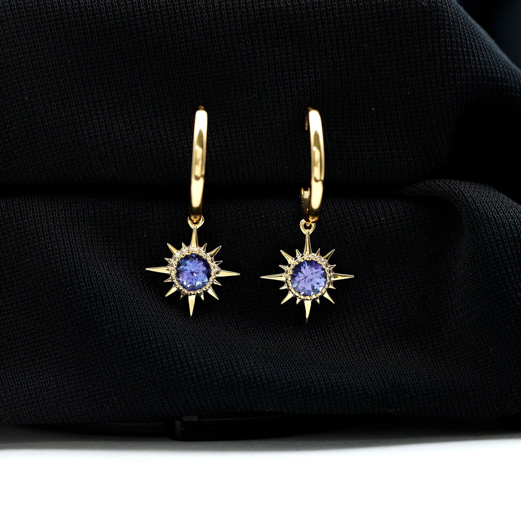 Real Tanzanite Sunburst Hoop Drop Earrings