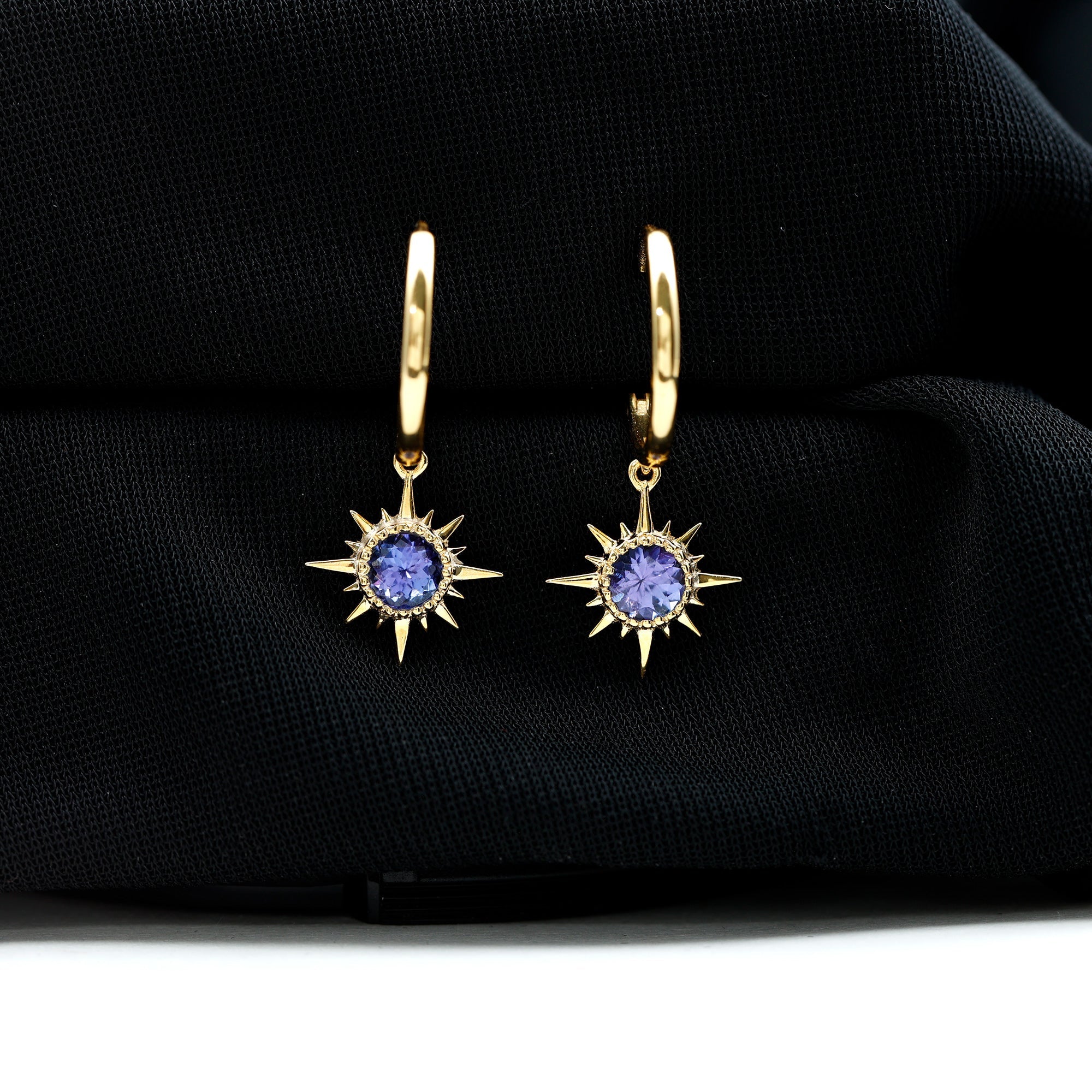 Real Tanzanite Sunburst Hoop Drop Earrings