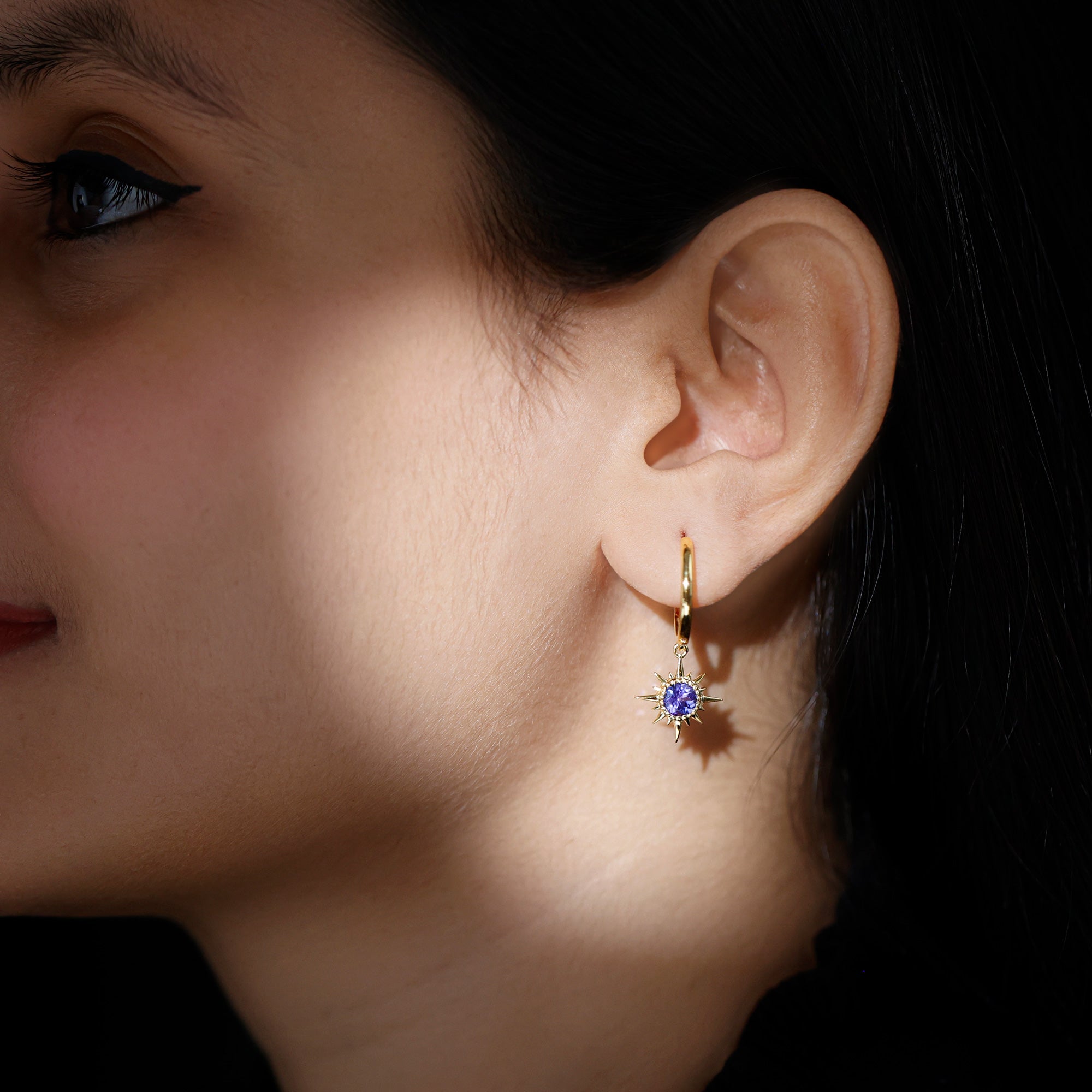 Real Tanzanite Sunburst Hoop Drop Earrings