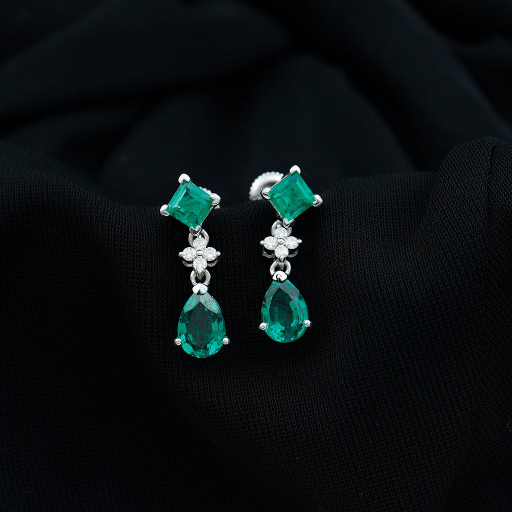 3.5 CT Created Emerald and Moissanite Bridal Dangle Earrings in Gold