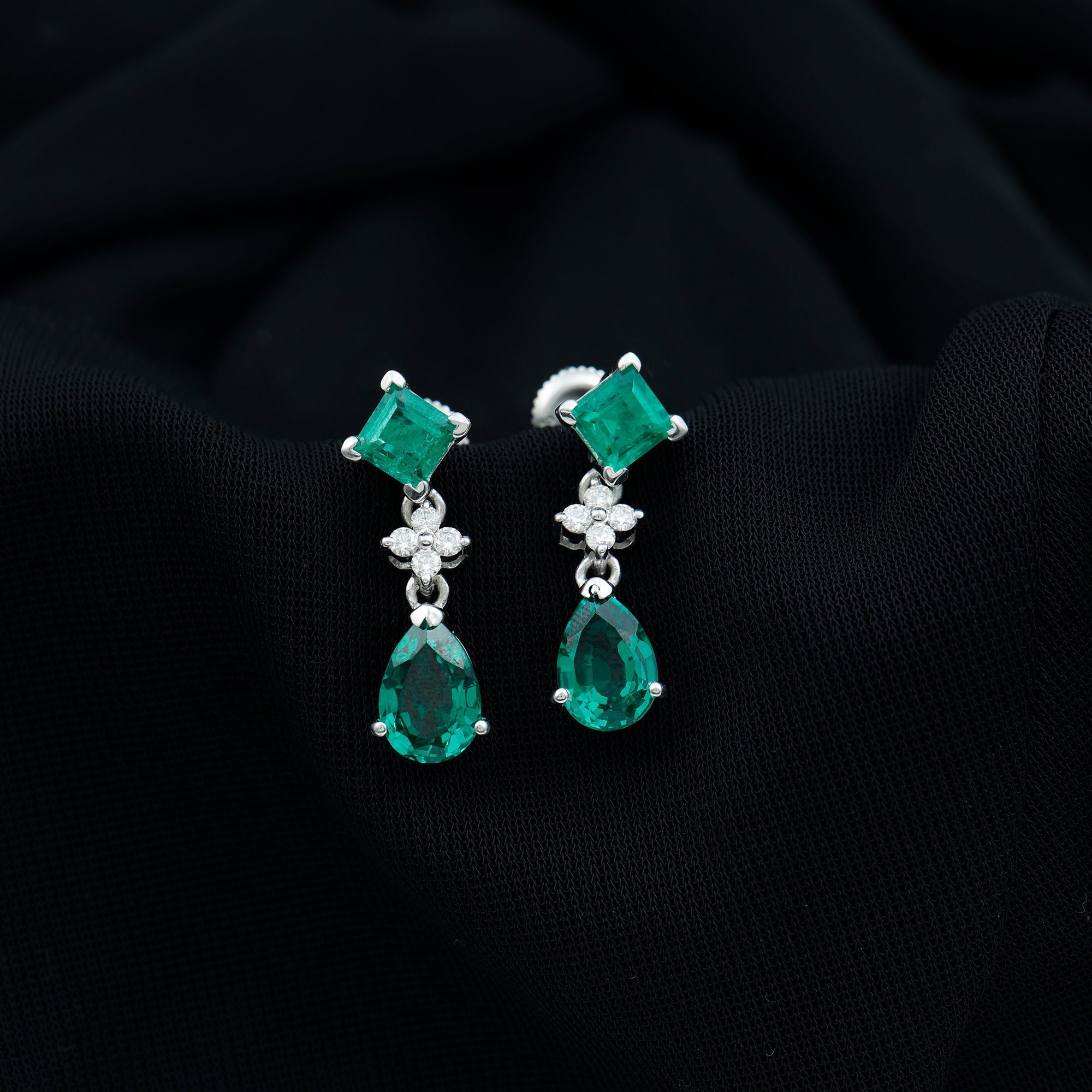 3.5 CT Created Emerald and Moissanite Bridal Dangle Earrings in Gold