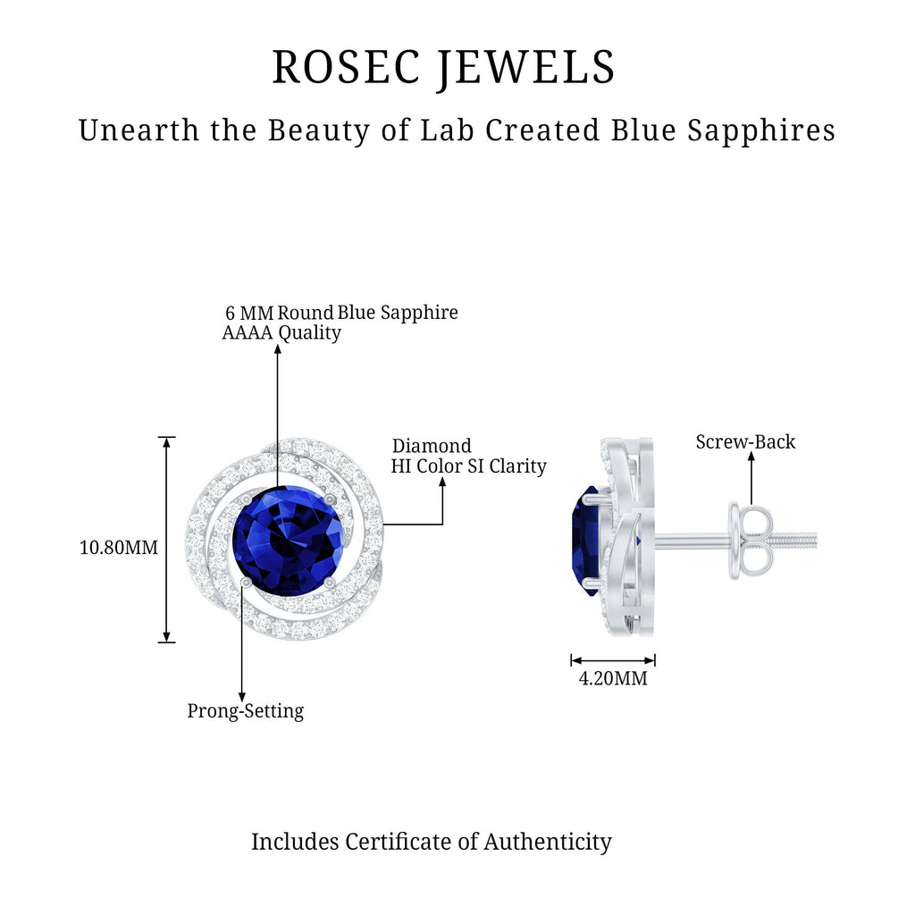 Lab Grown Blue Sapphire and Diamond Swirl Stud Earrings