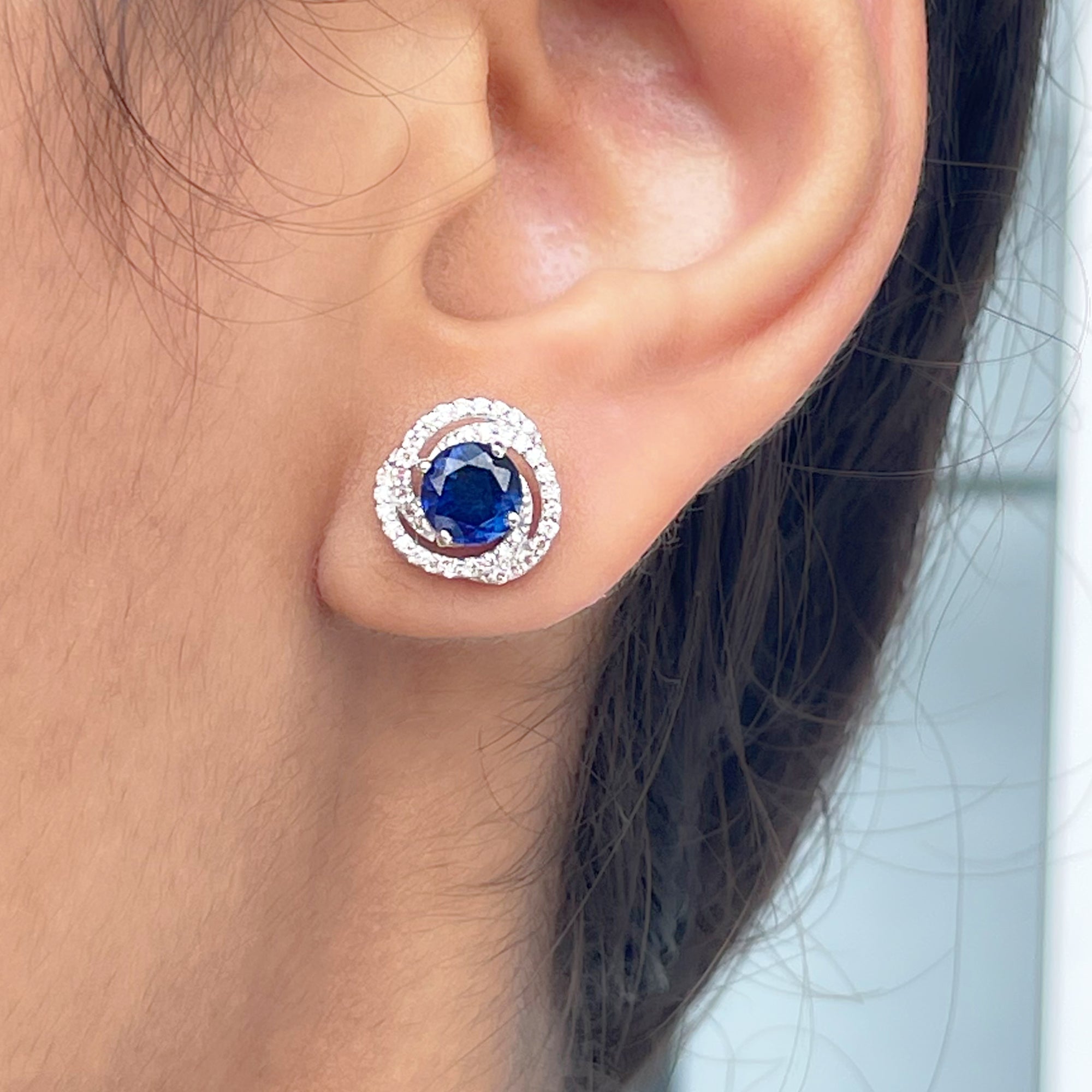 Lab Grown Blue Sapphire and Diamond Swirl Stud Earrings