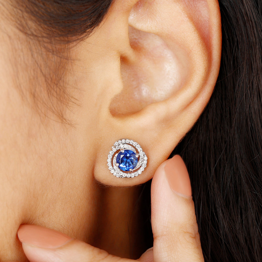 Lab Grown Blue Sapphire and Diamond Swirl Stud Earrings