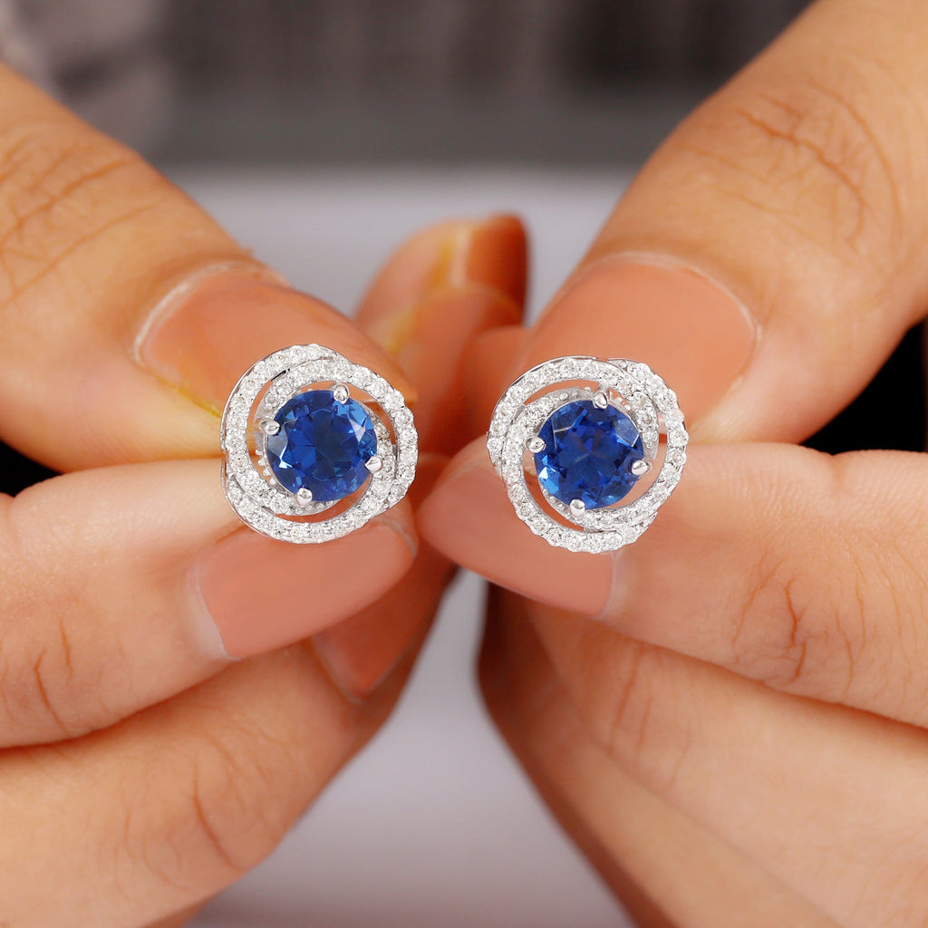 Lab Grown Blue Sapphire and Diamond Swirl Stud Earrings
