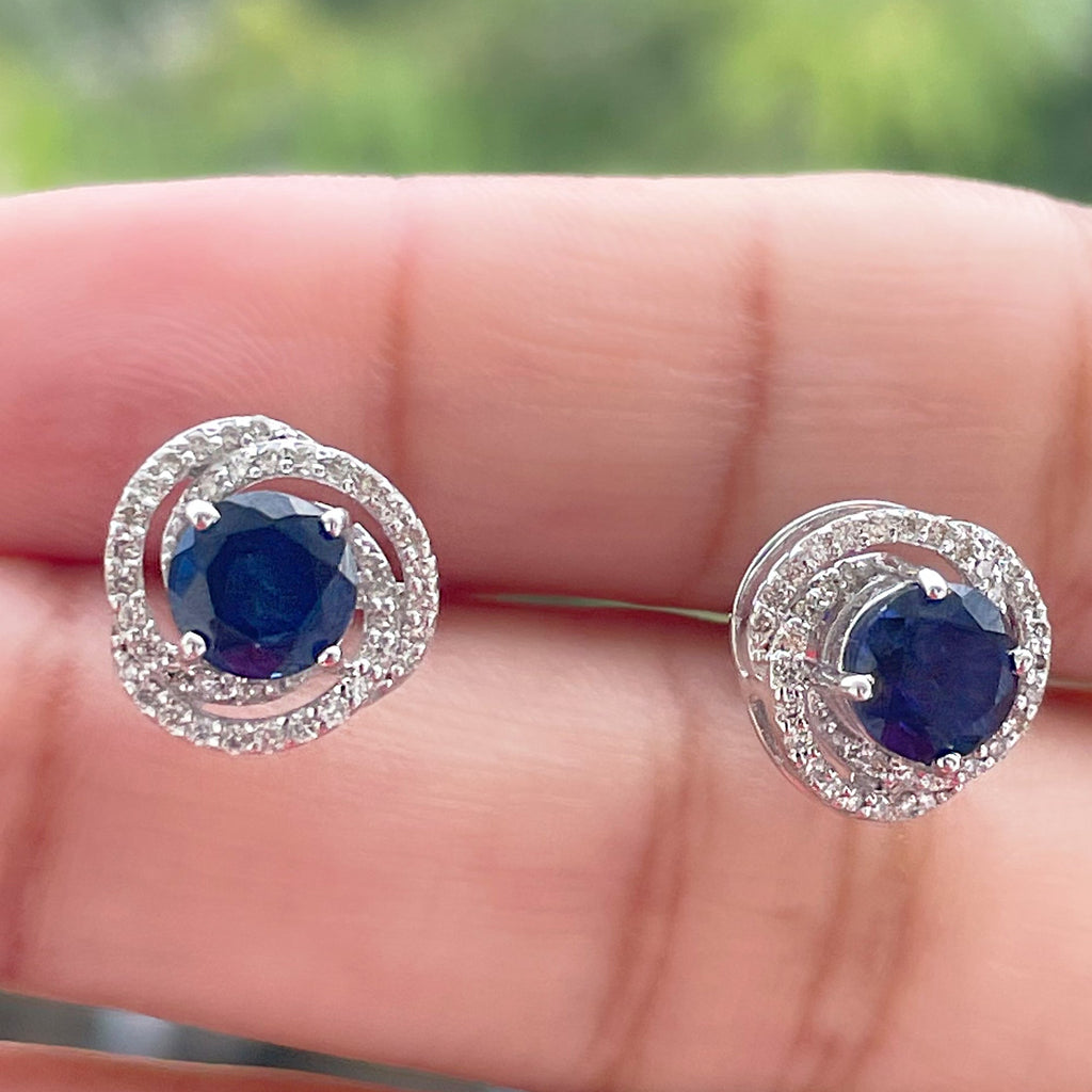 Lab Grown Blue Sapphire and Diamond Swirl Stud Earrings