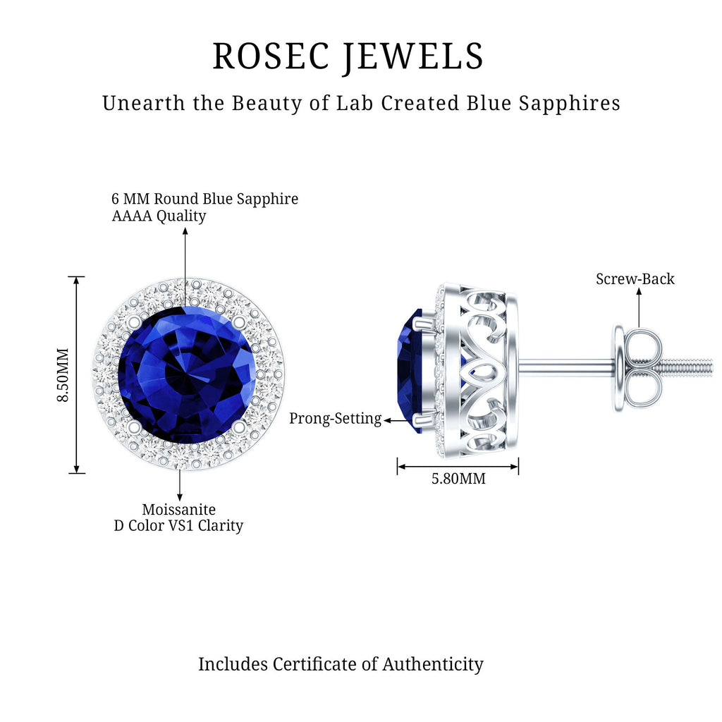Certified 2 Carat Lab Grown Blue Sapphire Stud Earrings With Moissanite Halo