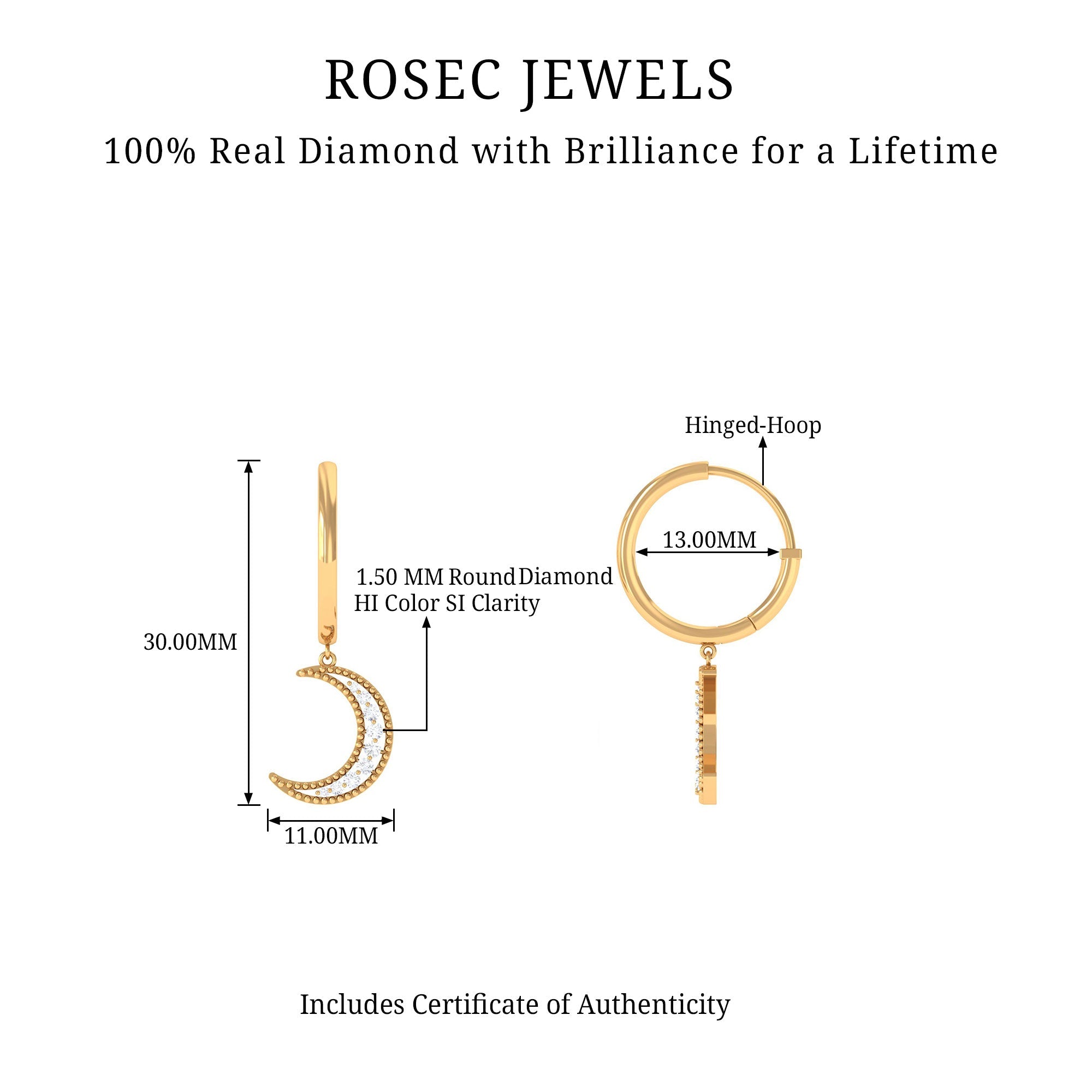 Certified Diamond Moon Drop Hoop Earrings