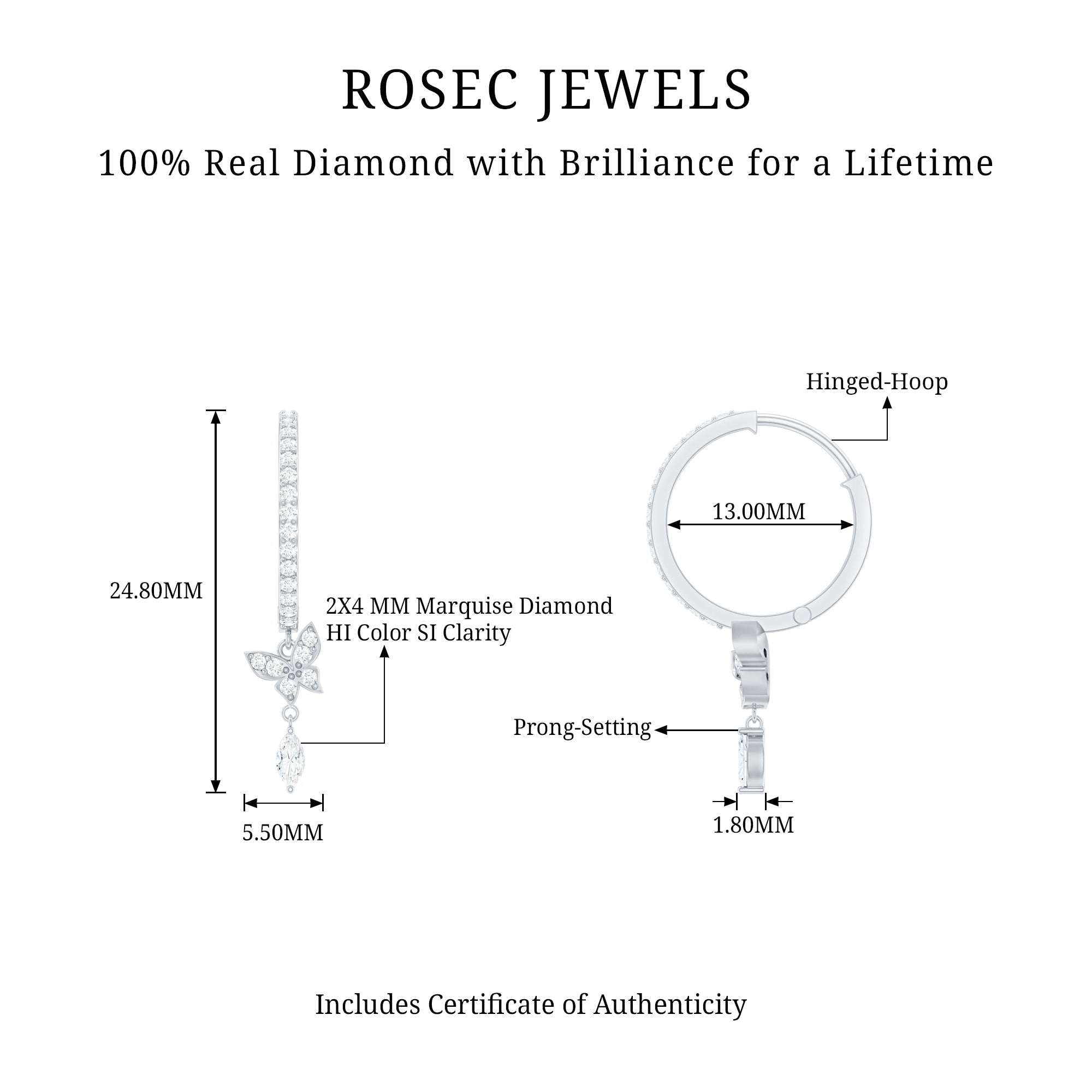 Natural Diamond Butterfly Hoop Earrings for Women