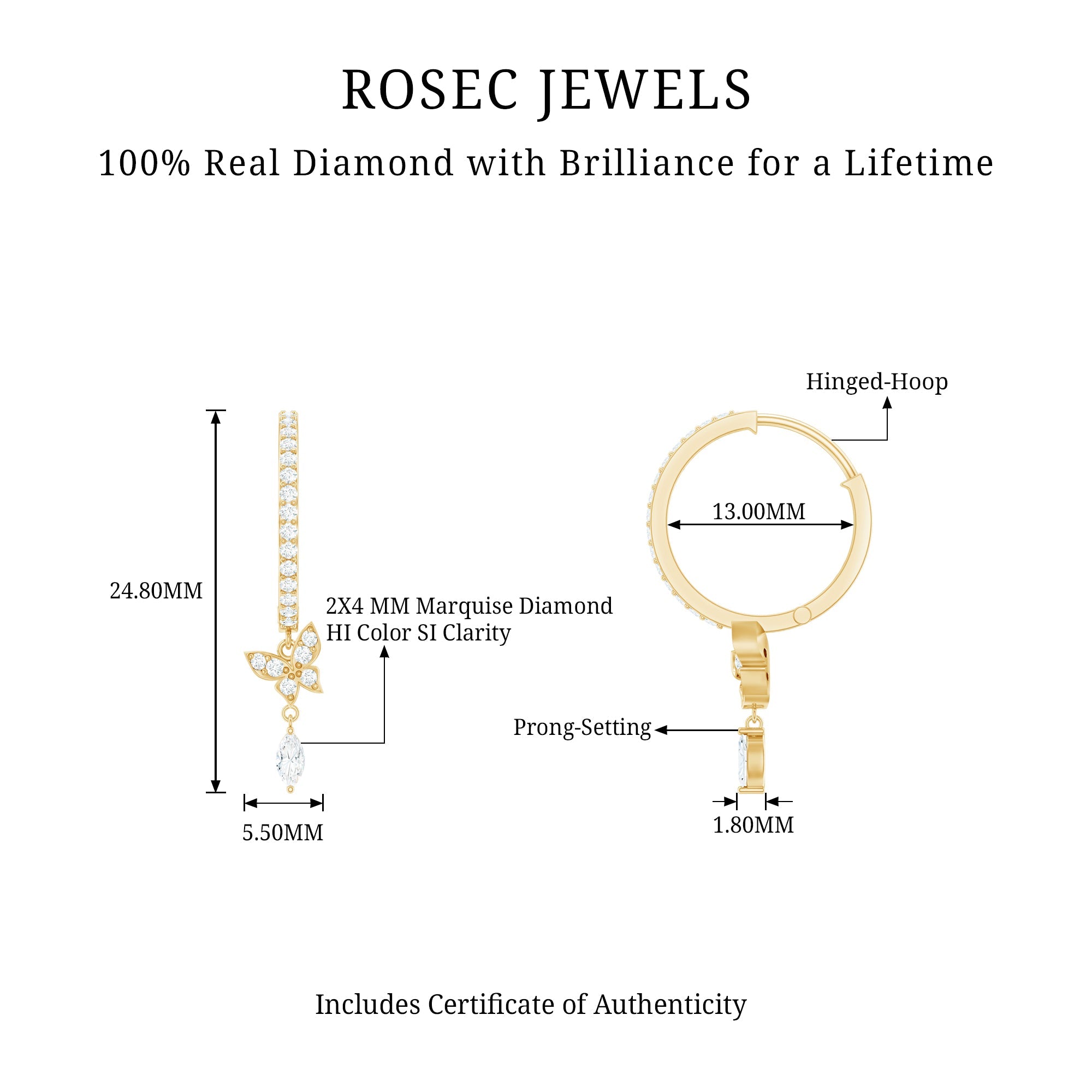 Natural Diamond Butterfly Hoop Earrings for Women