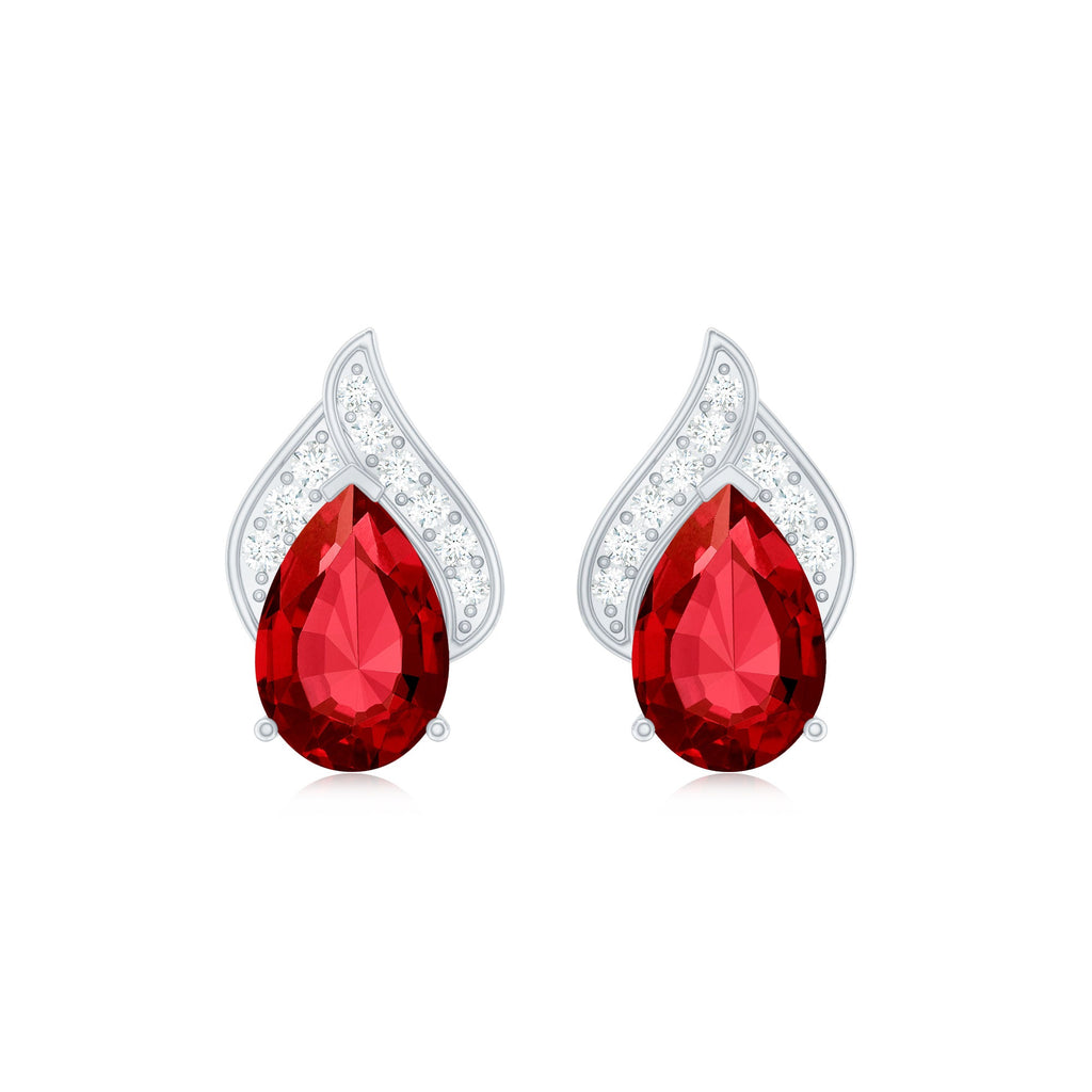 Pear Shaped Lab Created Ruby and Diamond Stud Earring