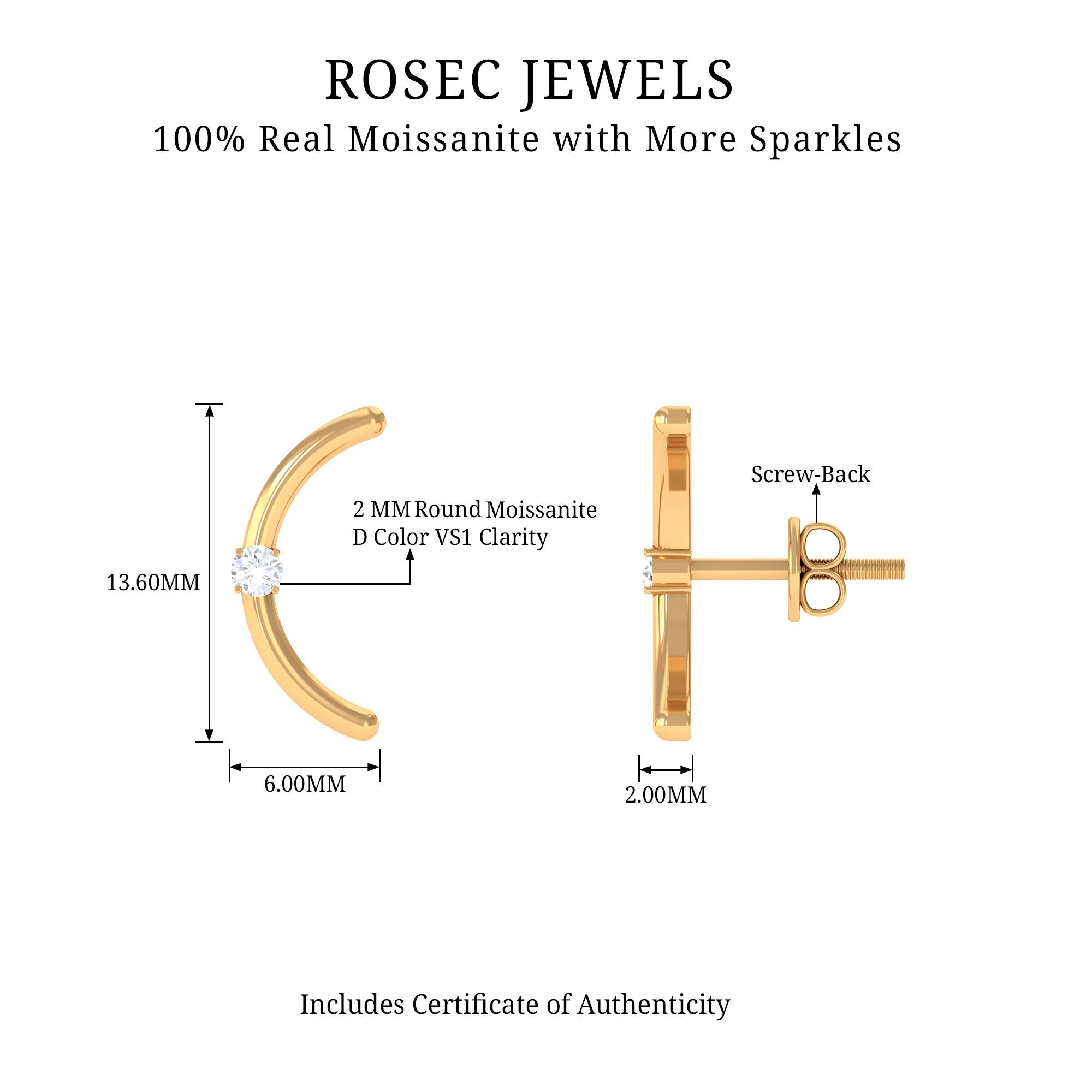 Certified Moissanite Curved Stud Earrings