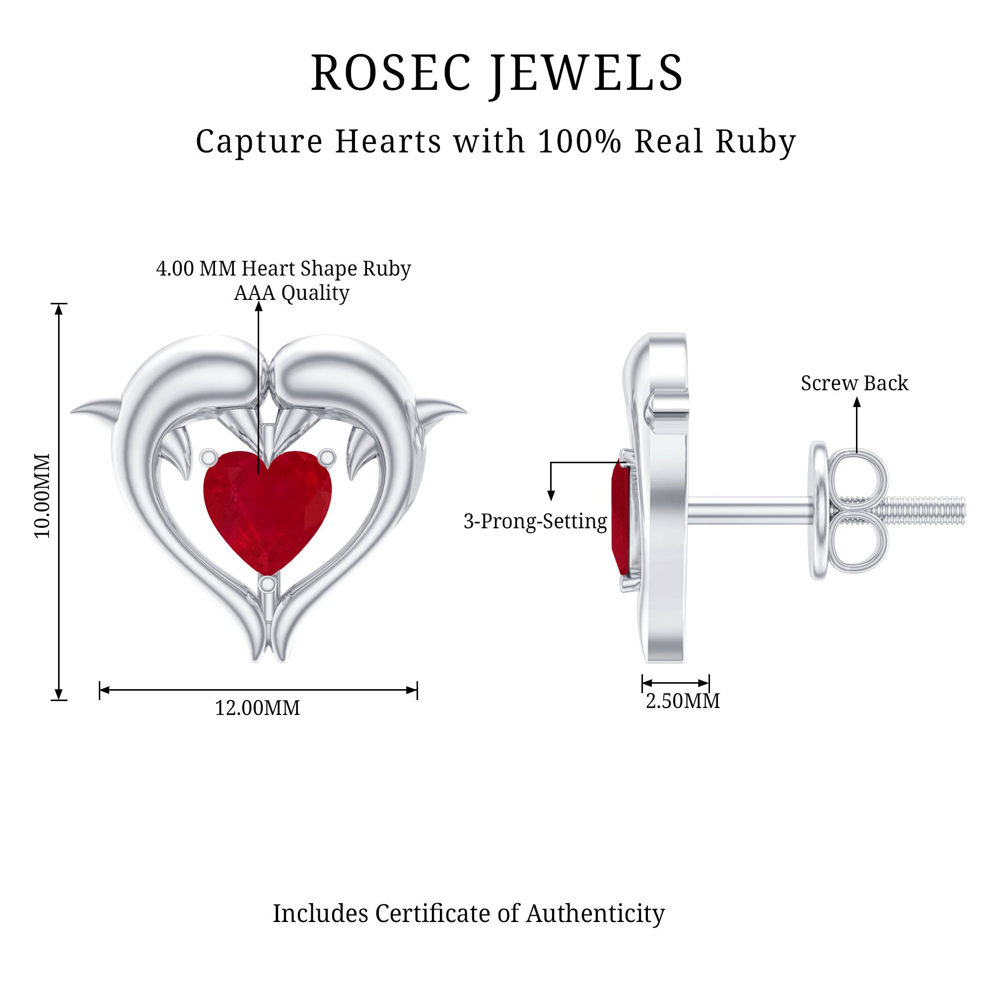 1 CT Heart Shape Ruby Dolphin Stud Earrings