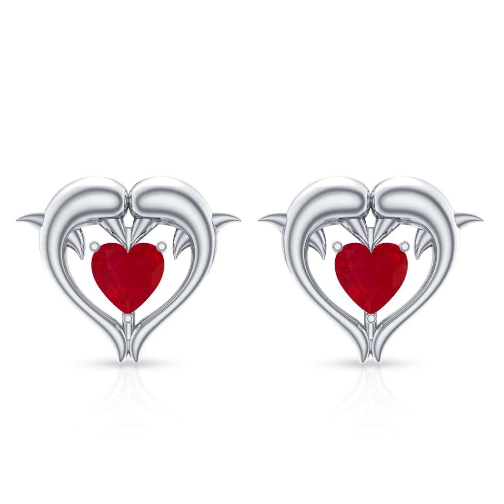 1 CT Heart Shape Ruby Dolphin Stud Earrings