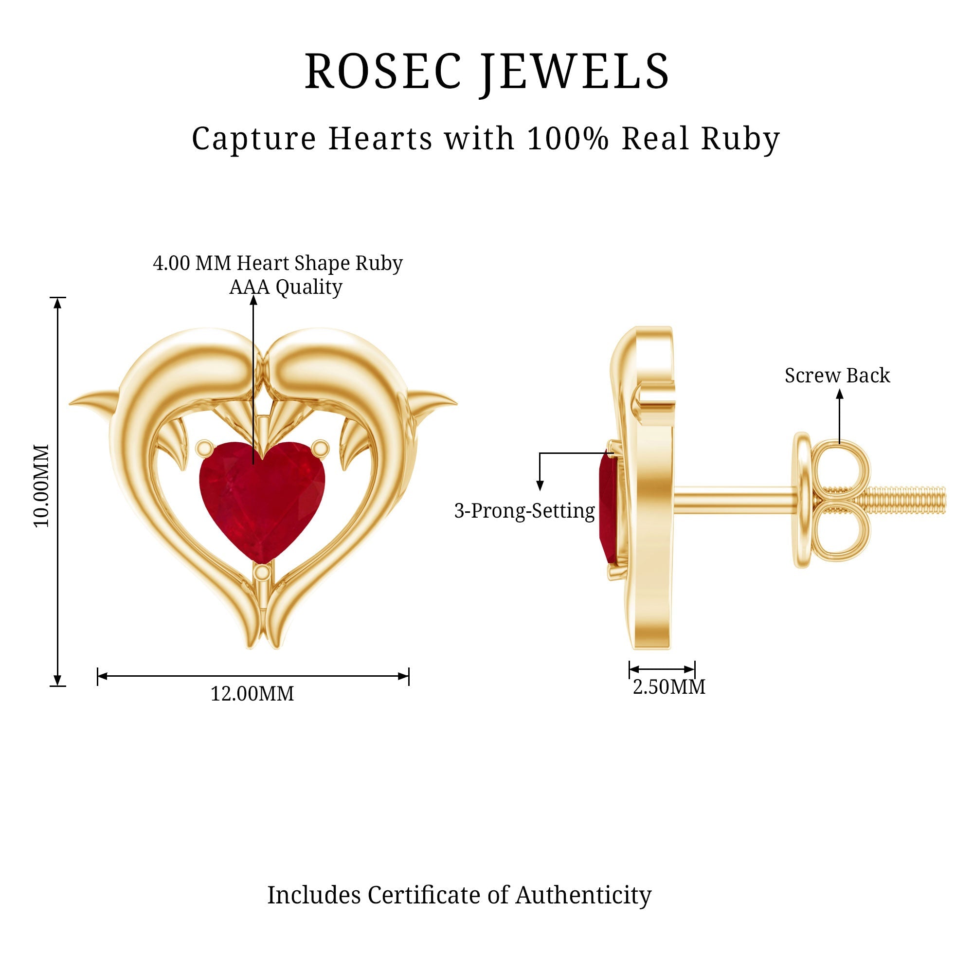 1 CT Heart Shape Ruby Dolphin Stud Earrings