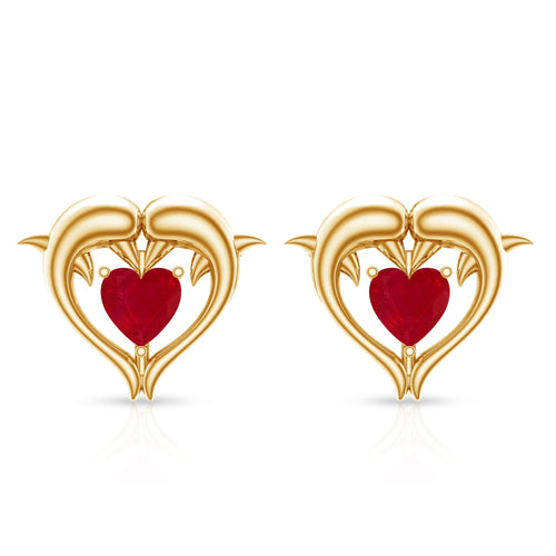1 CT Heart Shape Ruby Dolphin Stud Earrings