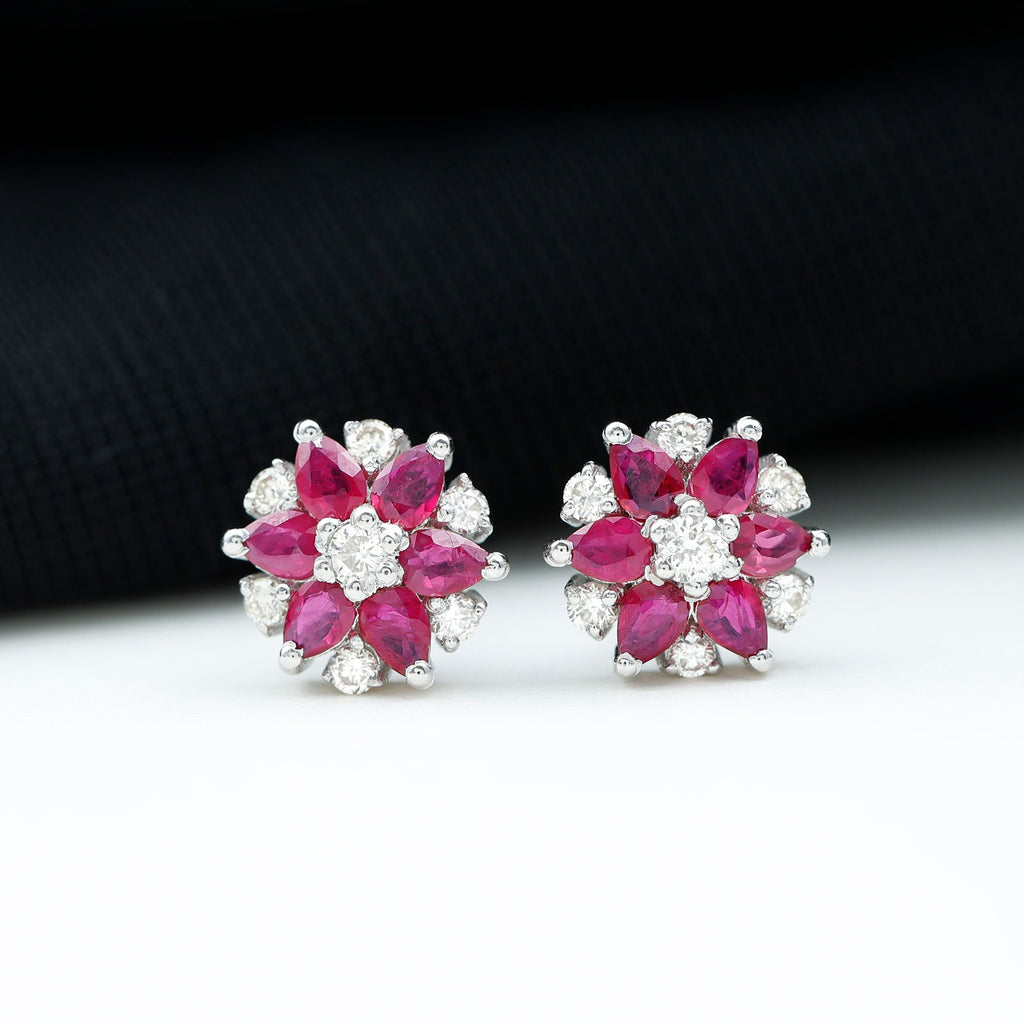 Pear Cut Ruby and Diamond Vintage Flower Earrings