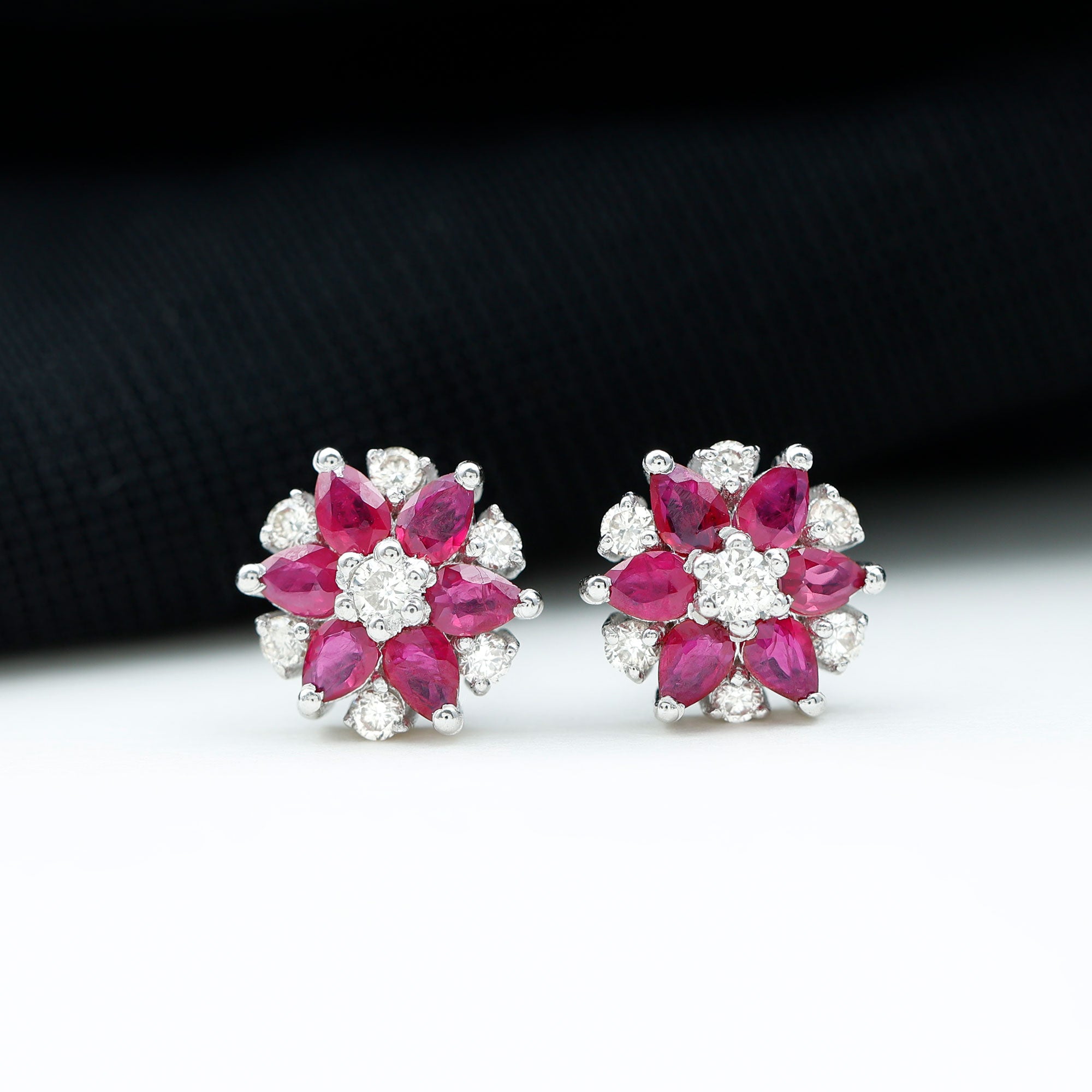 Pear Cut Ruby and Diamond Vintage Flower Earrings