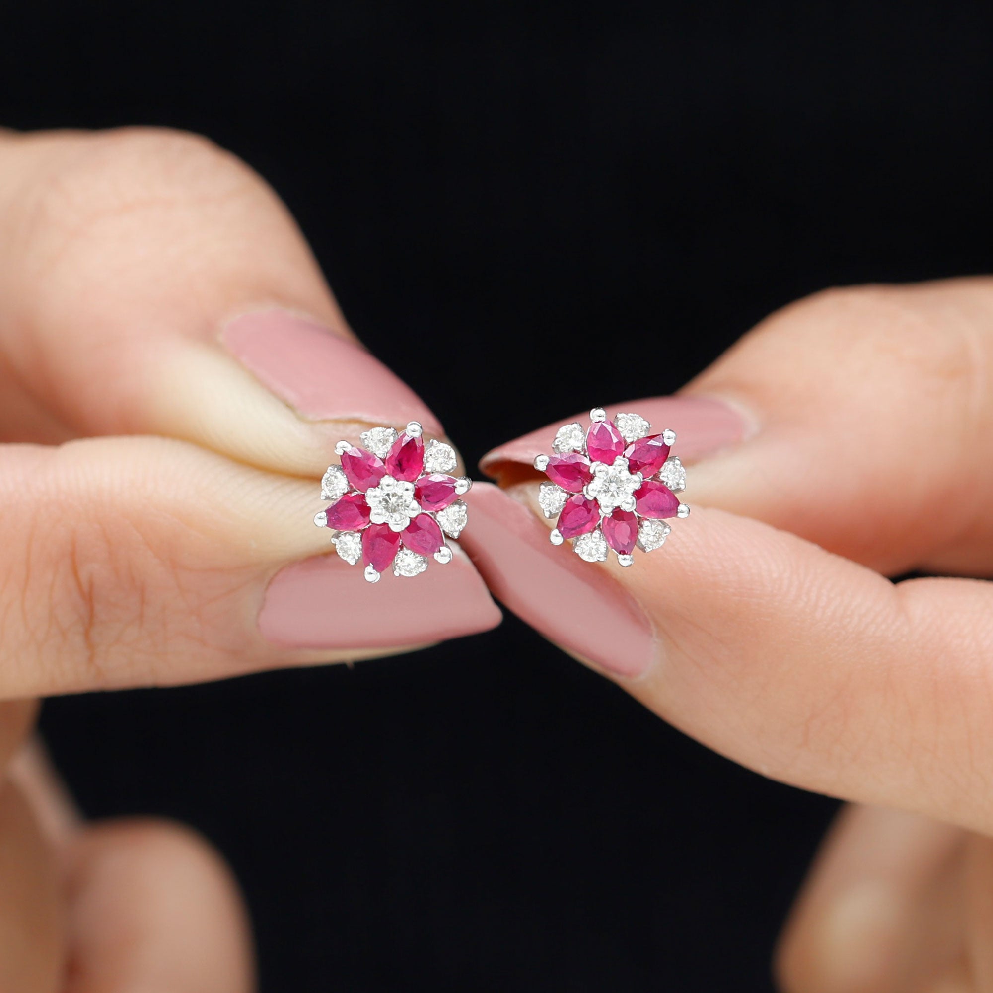 Pear Cut Ruby and Diamond Vintage Flower Earrings