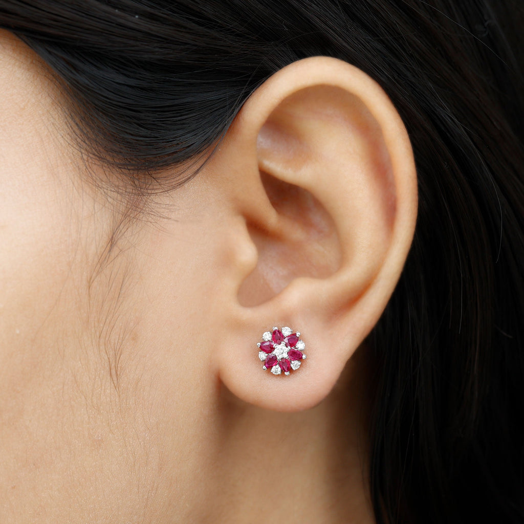 Pear Cut Ruby and Diamond Vintage Flower Earrings