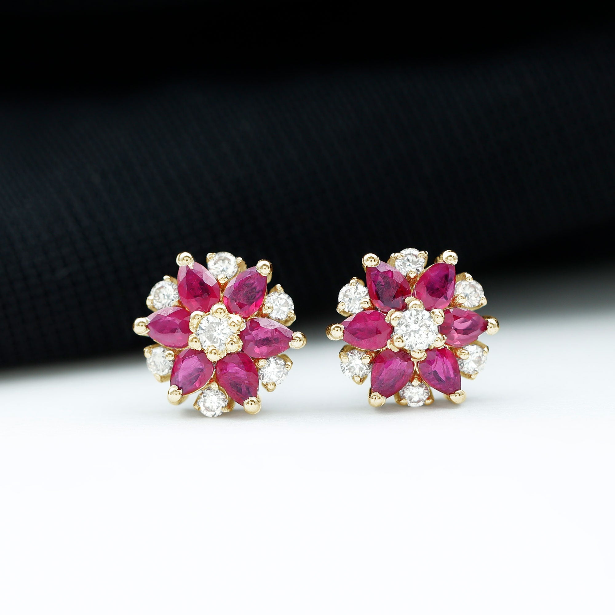 Pear Cut Ruby and Diamond Vintage Flower Earrings