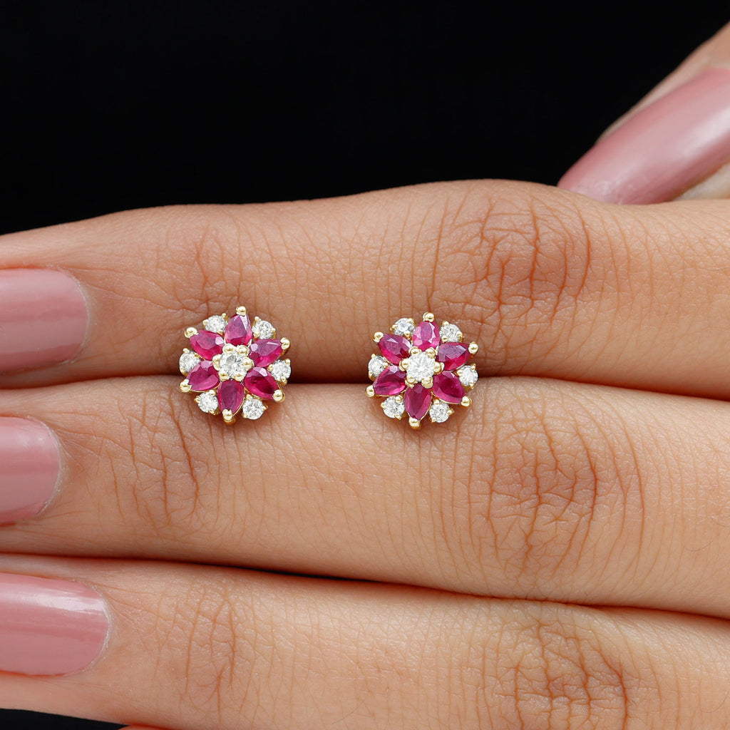 Pear Cut Ruby and Diamond Vintage Flower Earrings