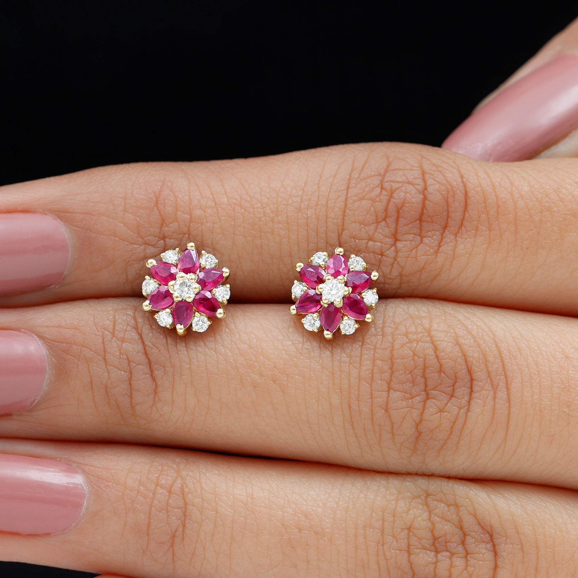 Pear Cut Ruby and Diamond Vintage Flower Earrings