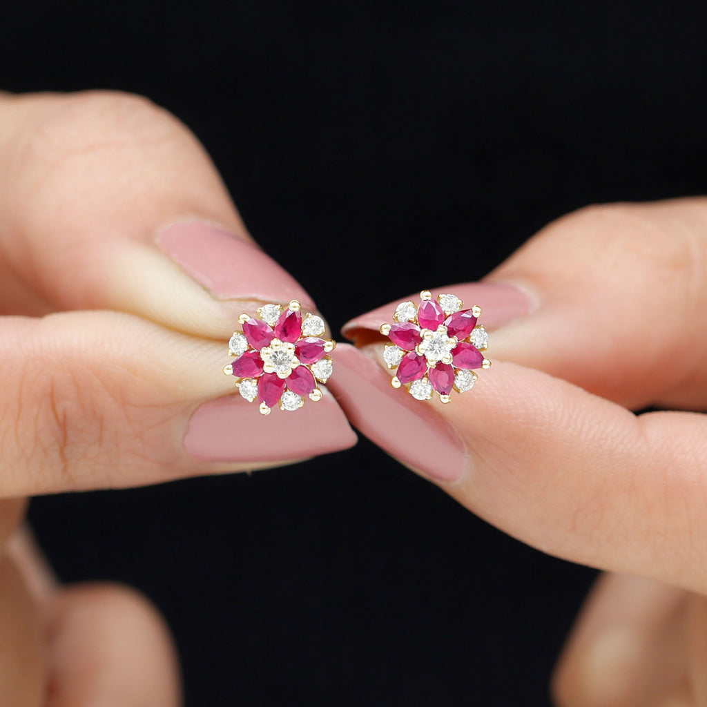 Pear Cut Ruby and Diamond Vintage Flower Earrings