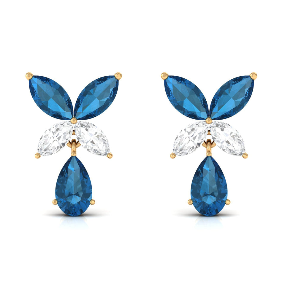 London Blue Topaz and Moissanite Flower Drop Earrings