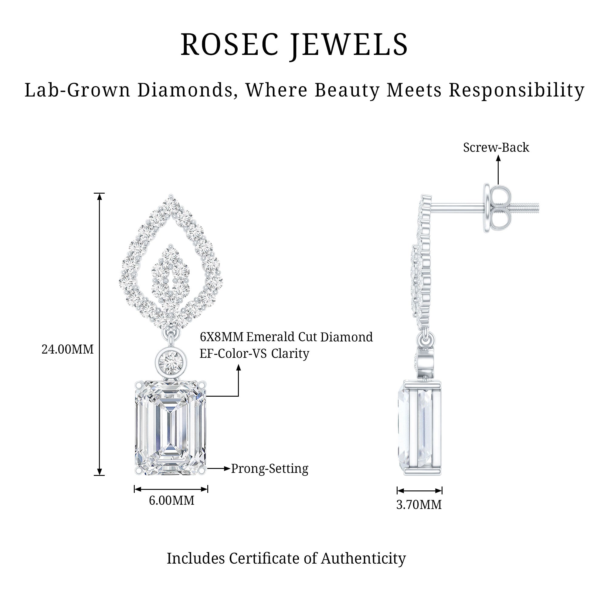 Emerald Cut Lab Grown Diamond Art Deco Drop Earrings