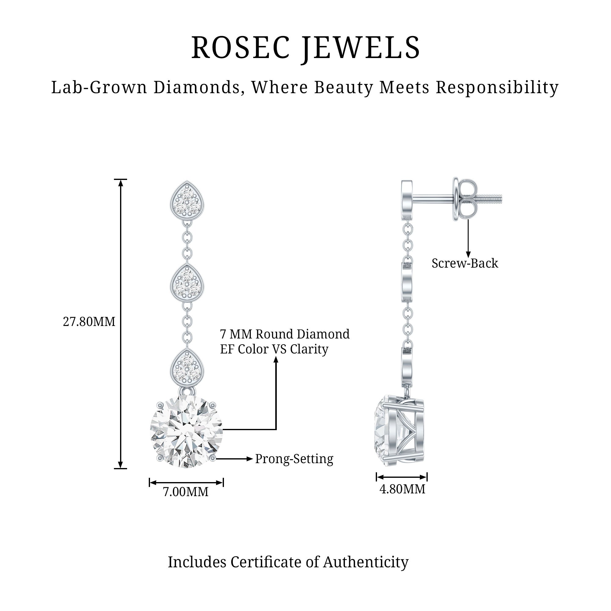 Certified Lab 7 MM Round Diamond Dangle Chain Earrings