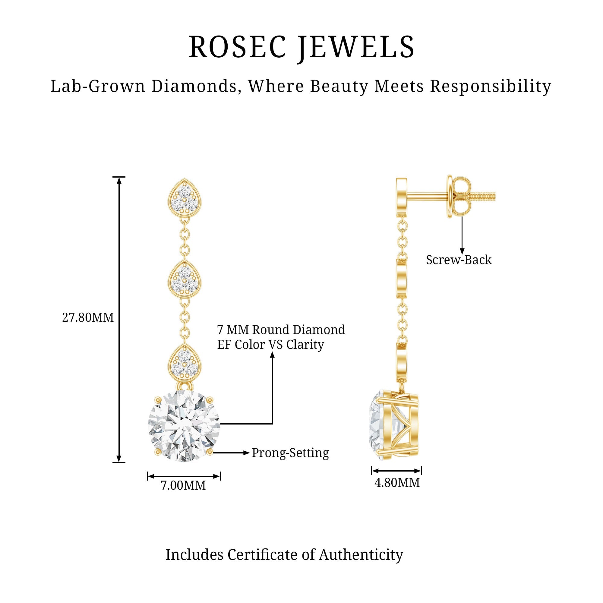 Certified Lab 7 MM Round Diamond Dangle Chain Earrings