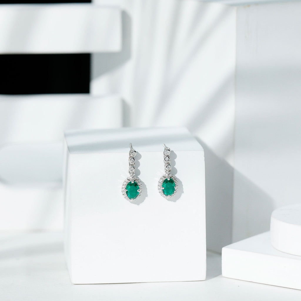 Lab Created Emerald Vintage Earrings with Moissanite Halo