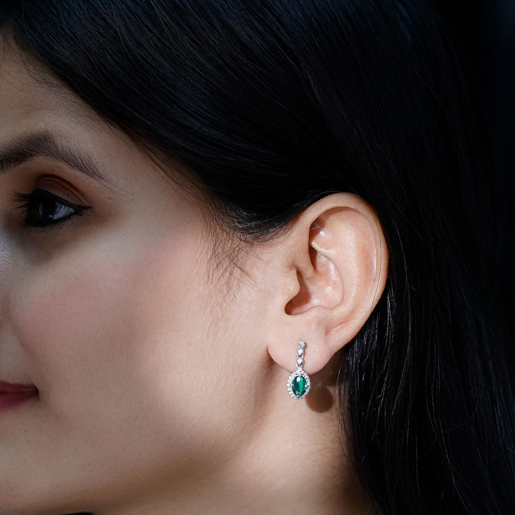 Lab Created Emerald Vintage Earrings with Moissanite Halo