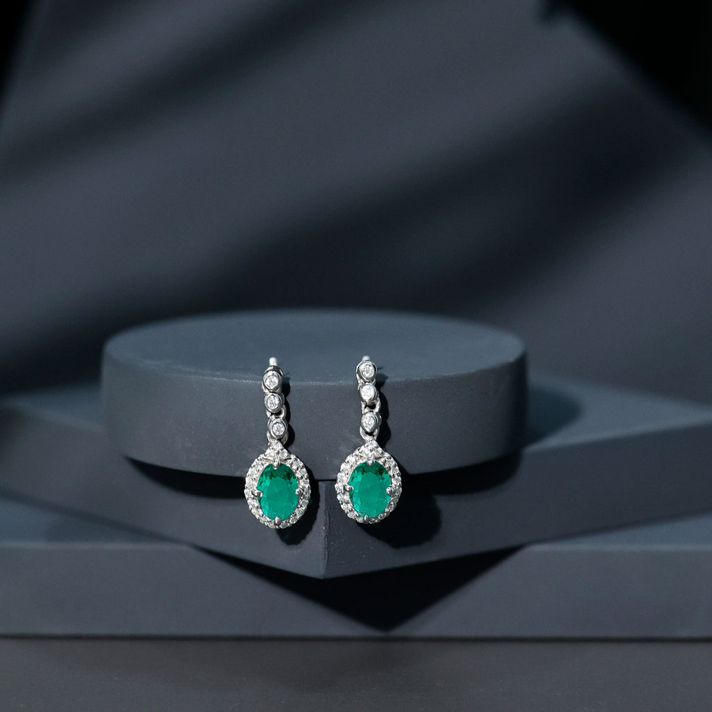 Lab Created Emerald Vintage Earrings with Moissanite Halo