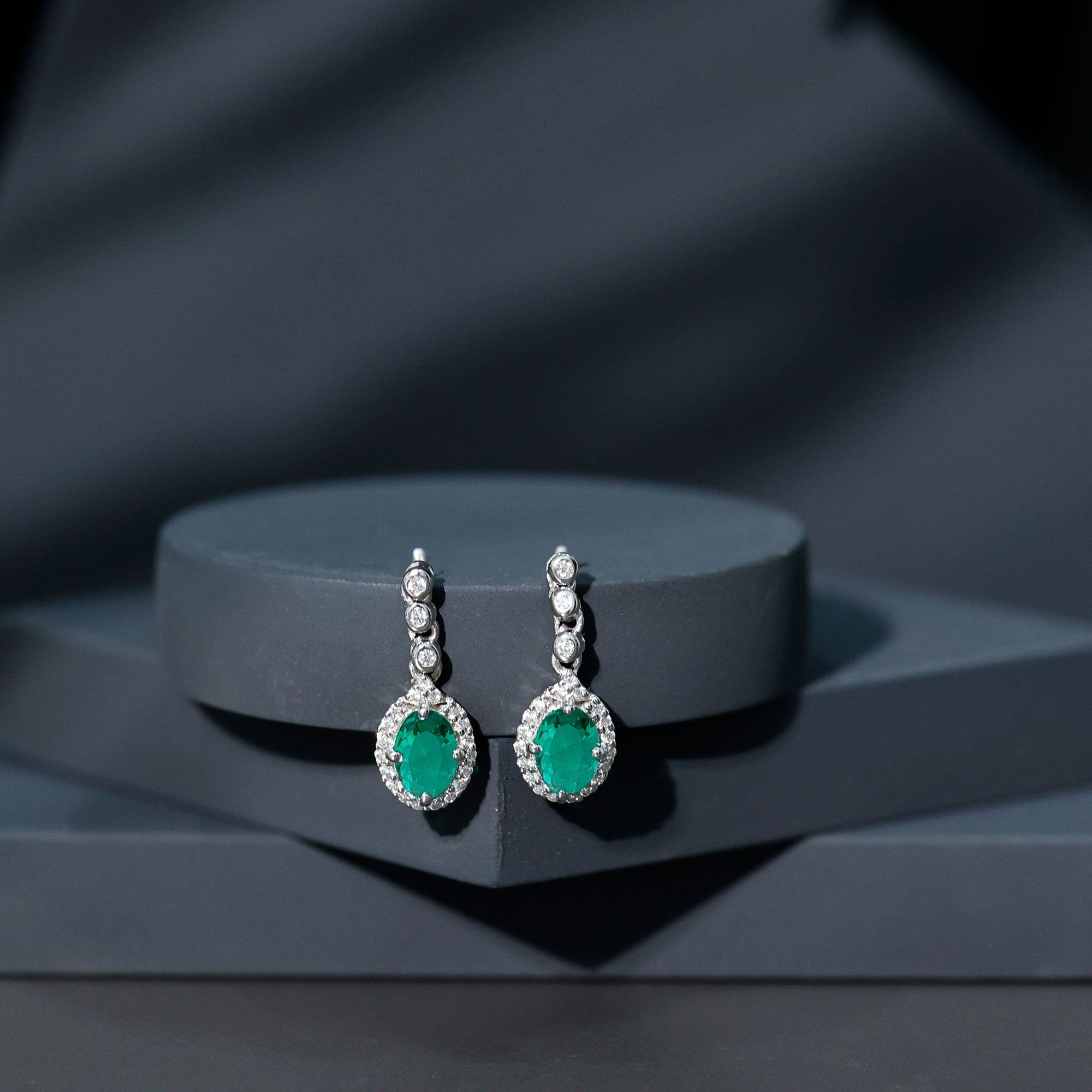 Lab Created Emerald Vintage Earrings with Moissanite Halo