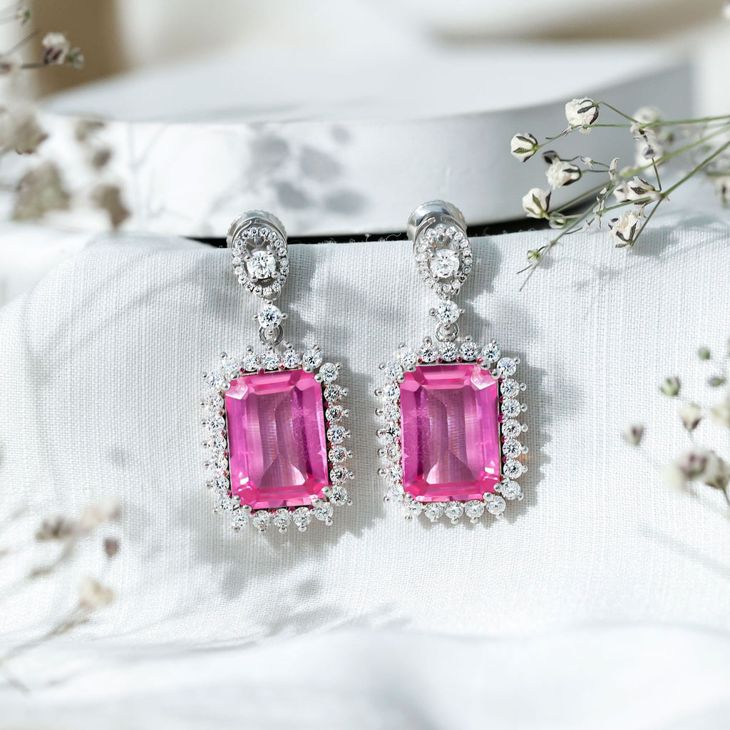18 Carat Emerald Cut Lab Grown Pink Sapphire Statement Earrings for Wedding