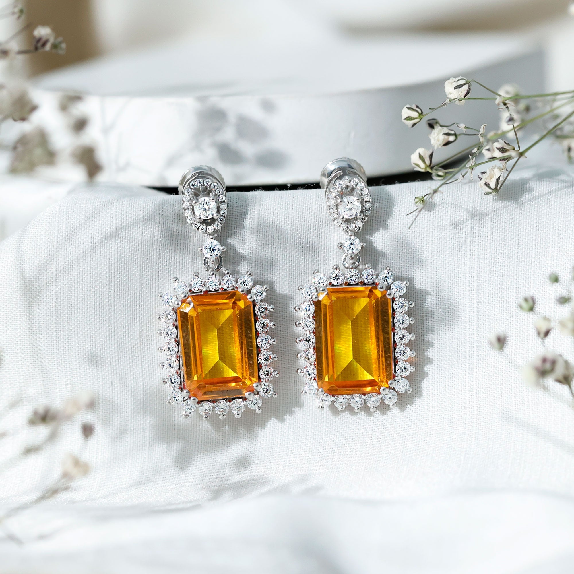 AAAA Quality 18 Carat Lab Grown Yellow Sapphire Emerald Cut Earrings in Silver