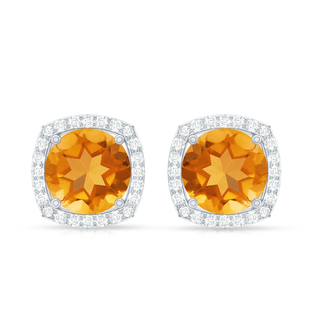 Genuine 7mm Round Citrine Stud Earrings with Diamond Halo