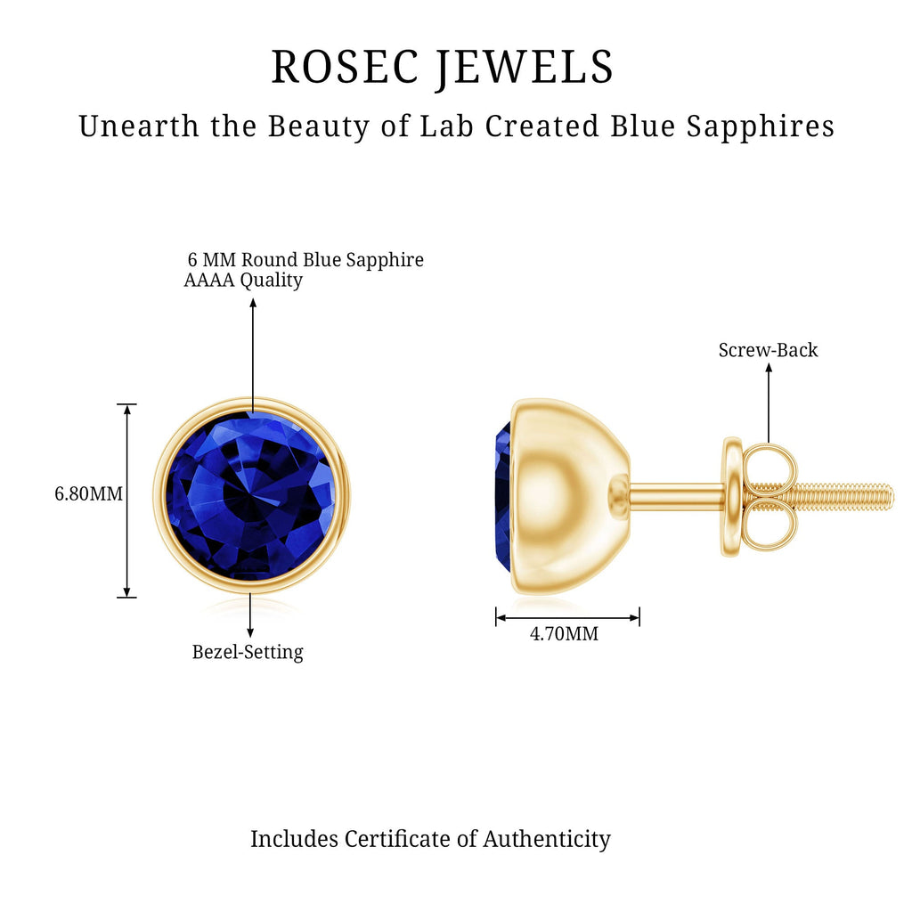 2 CT Round Created Blue Sapphire Solitaire Stud Earrings in Bezel Setting