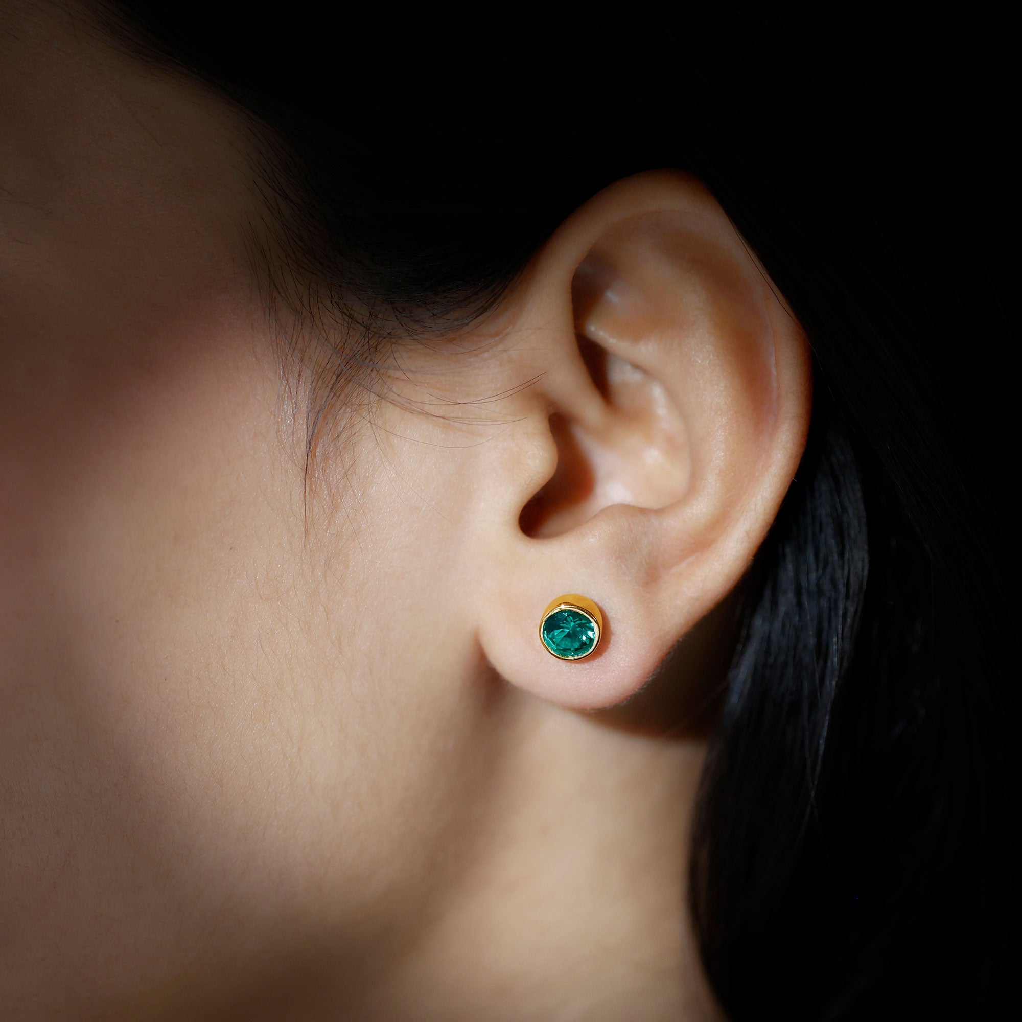 Bezel Set Lab Grown Emerald Solitaire Stud Earrings