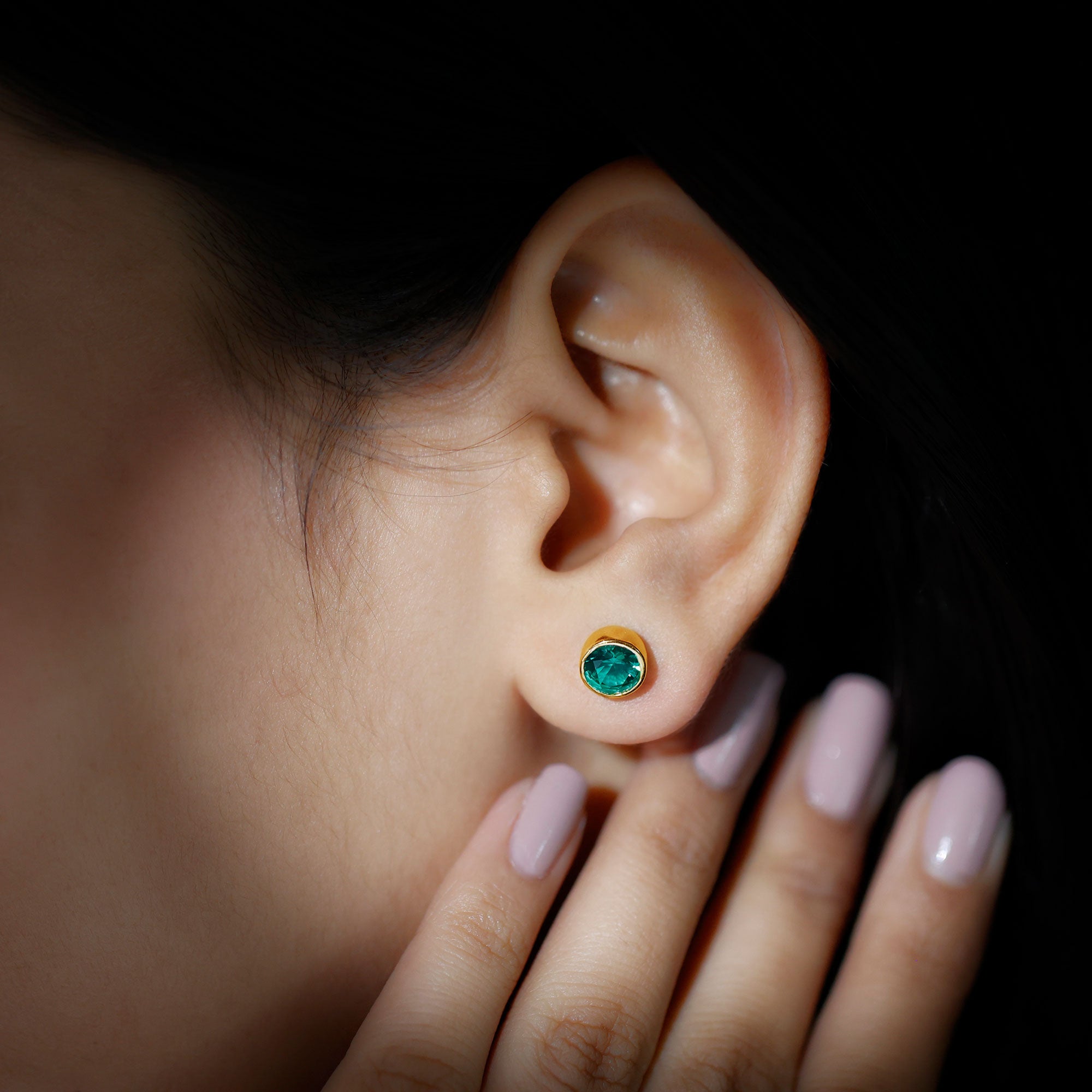 Bezel Set Lab Grown Emerald Solitaire Stud Earrings