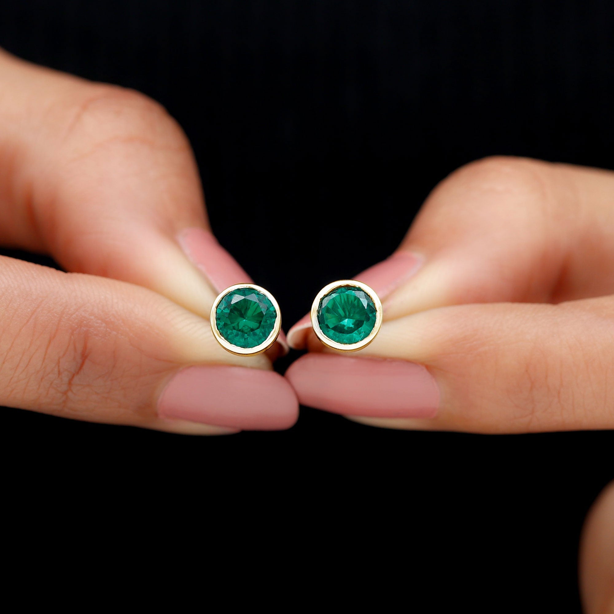 Bezel Set Lab Grown Emerald Solitaire Stud Earrings