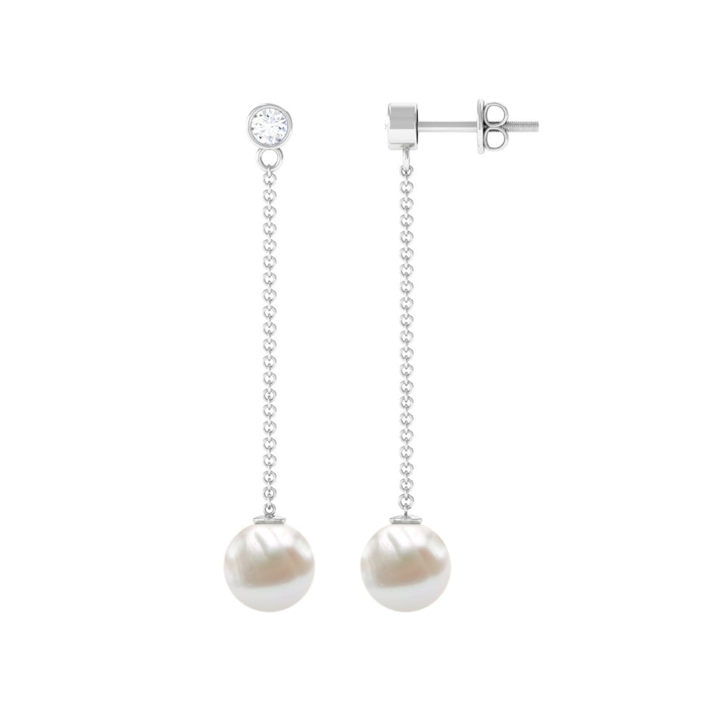 7MM Freshwater Pearl and Diamond Chain Drop Earrings