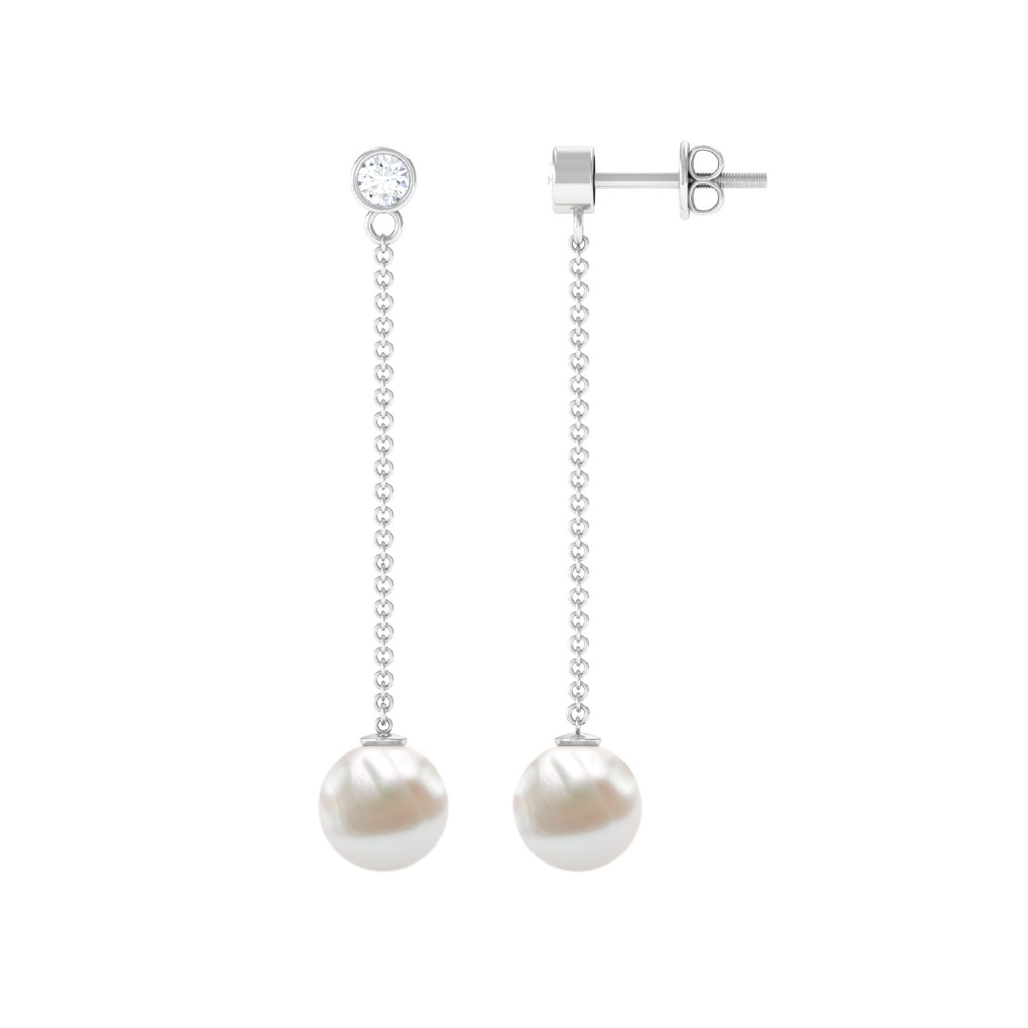 7MM Freshwater Pearl and Diamond Chain Drop Earrings
