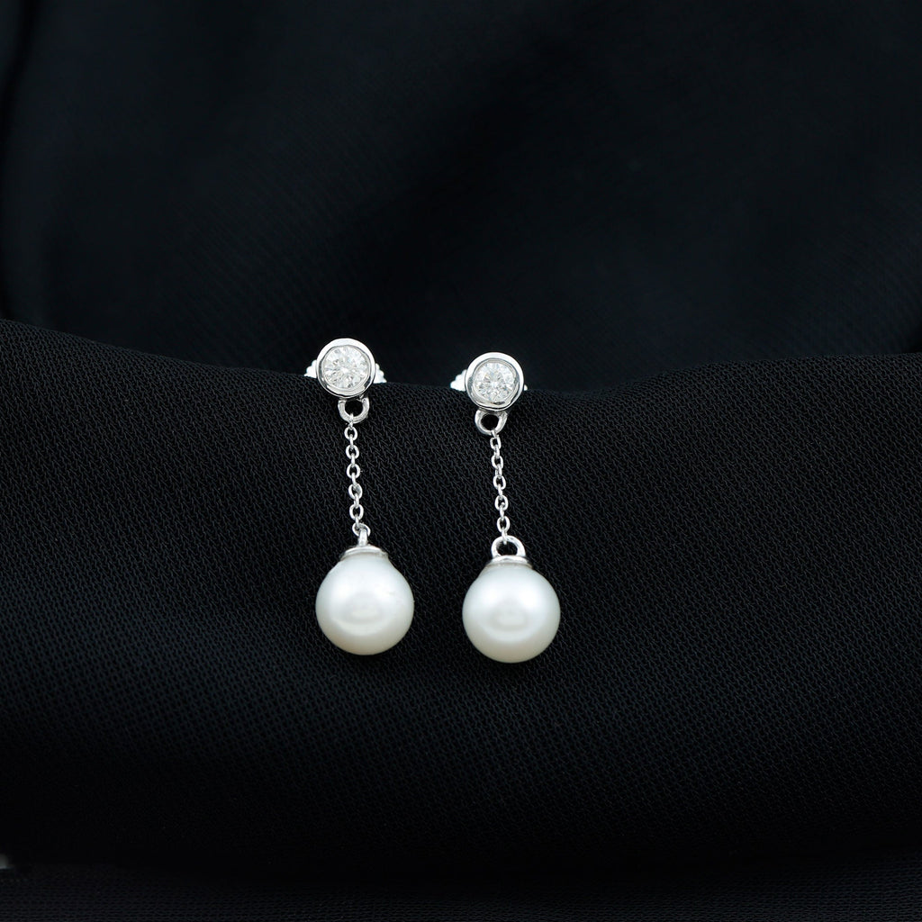 7MM Freshwater Pearl and Diamond Chain Drop Earrings